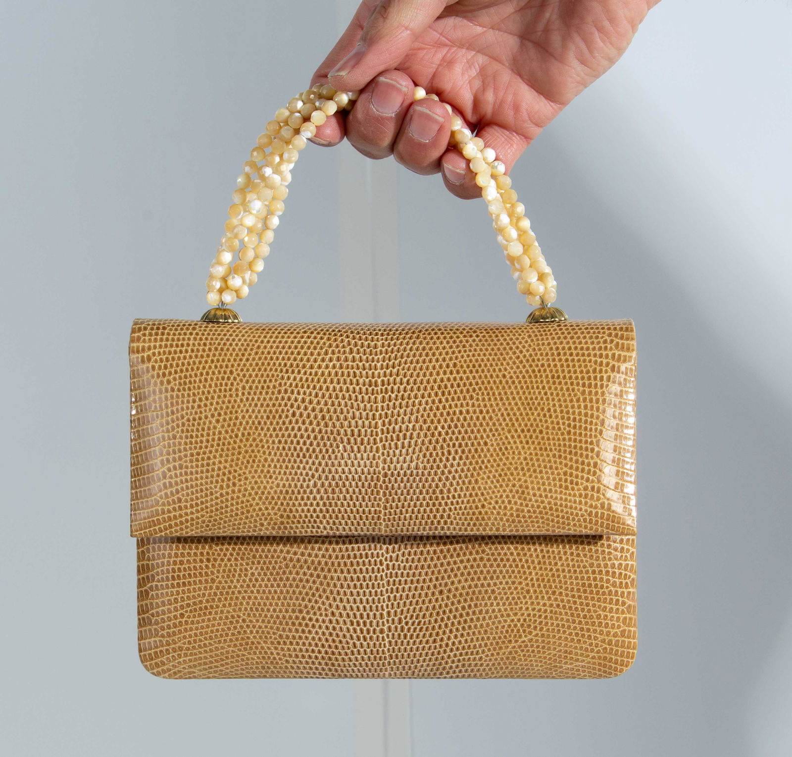 Darby Scott Snakeskin Evening Bag Beaded Handle Leather Strap -Wheat (1 of 11)