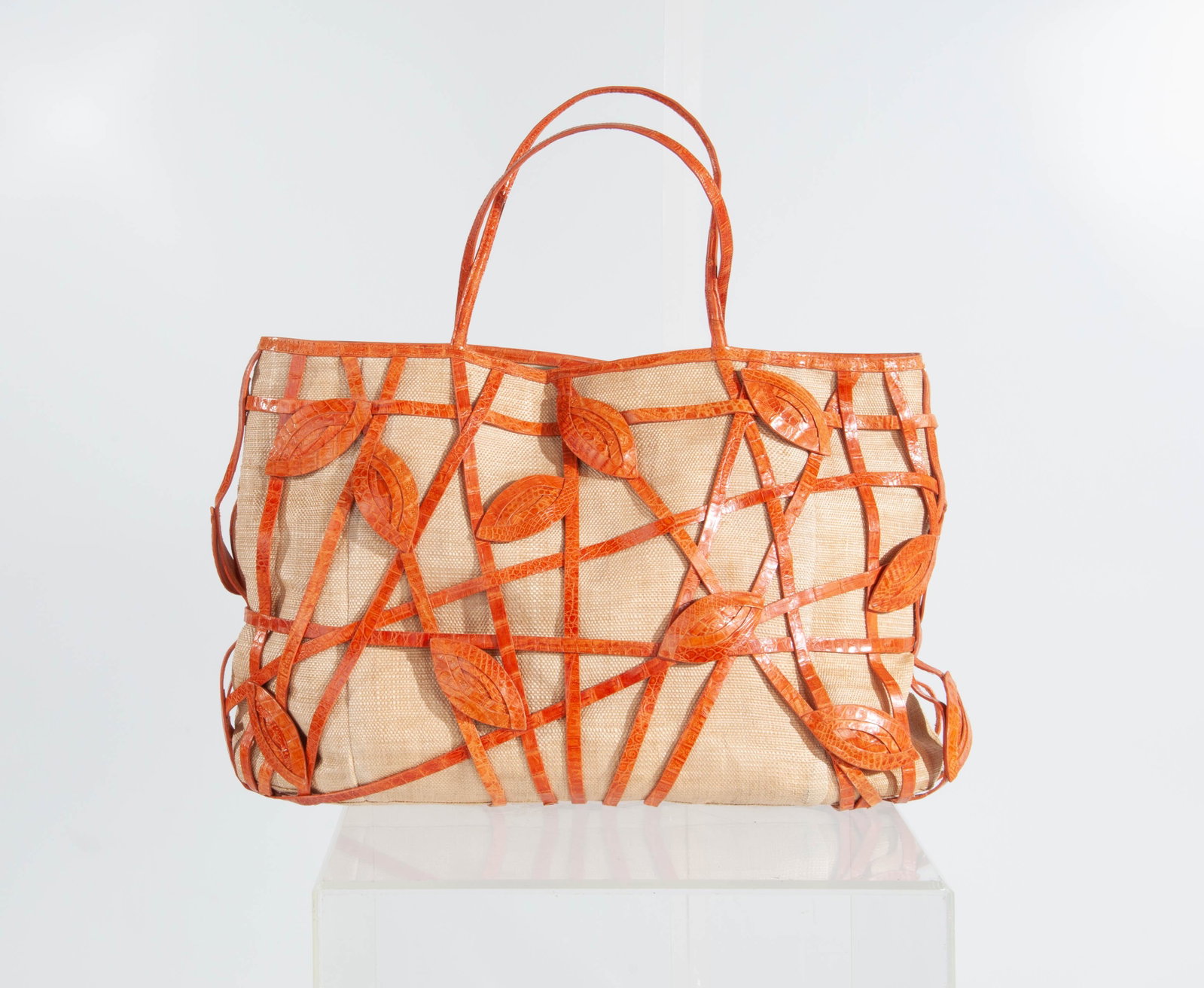 Nancy Gonzalez Alligator Leather Strip Canvas Shoulder Tote (dirty): Nancy Gonzalez Alligator Orange Leather Strip Canvas Shoulder Tote, Suede Lining (w Multiple Stains, Dirty but no Holes/no Tear); Total Height(with Shoulder Strap):20.5; Base 20 x 10; Body: 22 x 13.