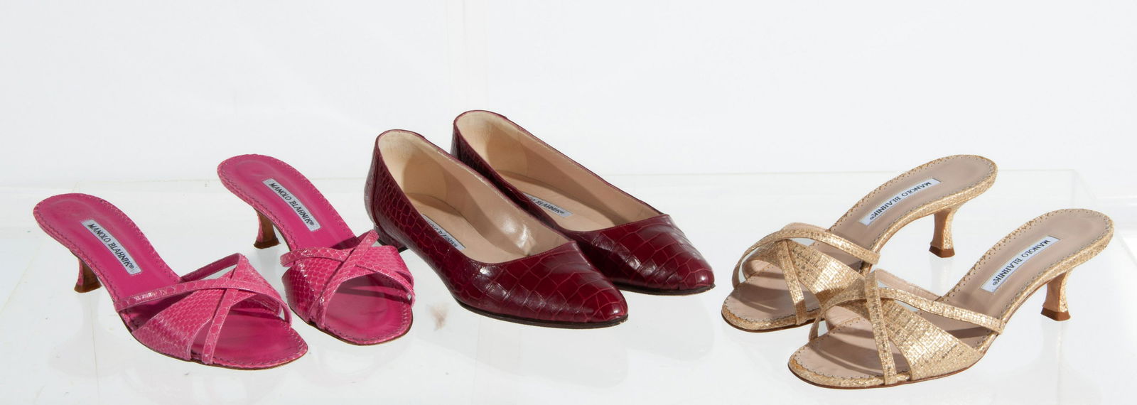 Manolo Blahnik Lot of 3 Tweed & Snakeskin Strap Sandal Pumps Black/Pink/Gold Size 37.5/38 (1 of 20)