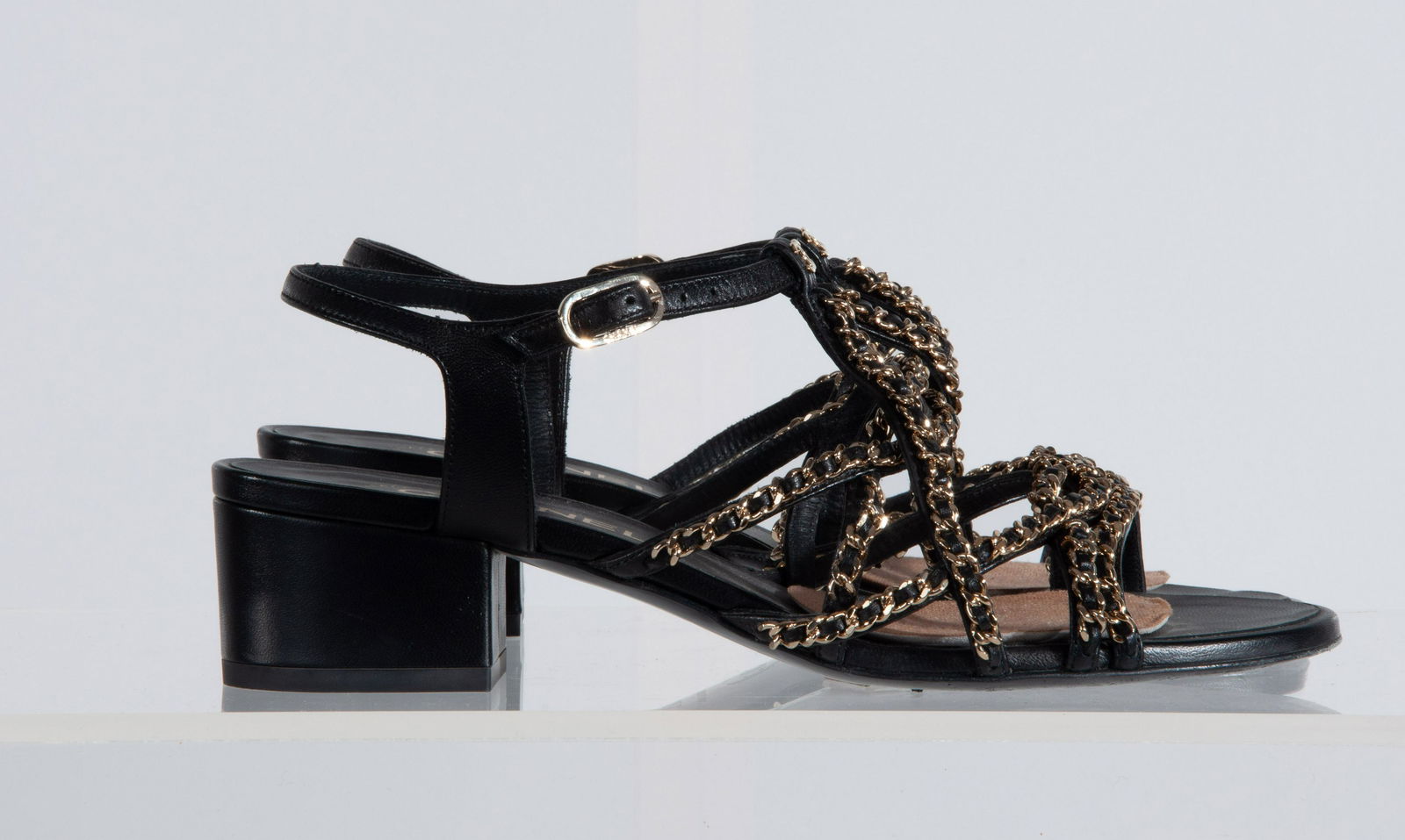 Chanel Leather Chain Strap Sandal Pump Gold/Black Size 37.5 (1 of 11)