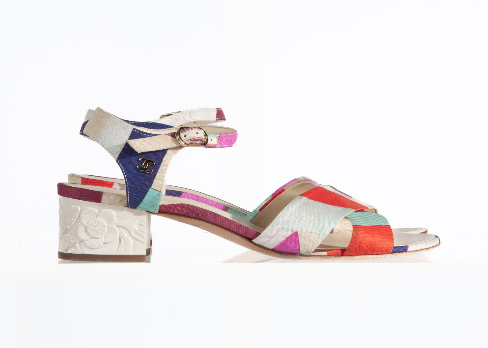 Chanel Linen Cross Strap Sandal Pump Floral Embossed Platform Heel Multi Size 38.5 (1 of 12)