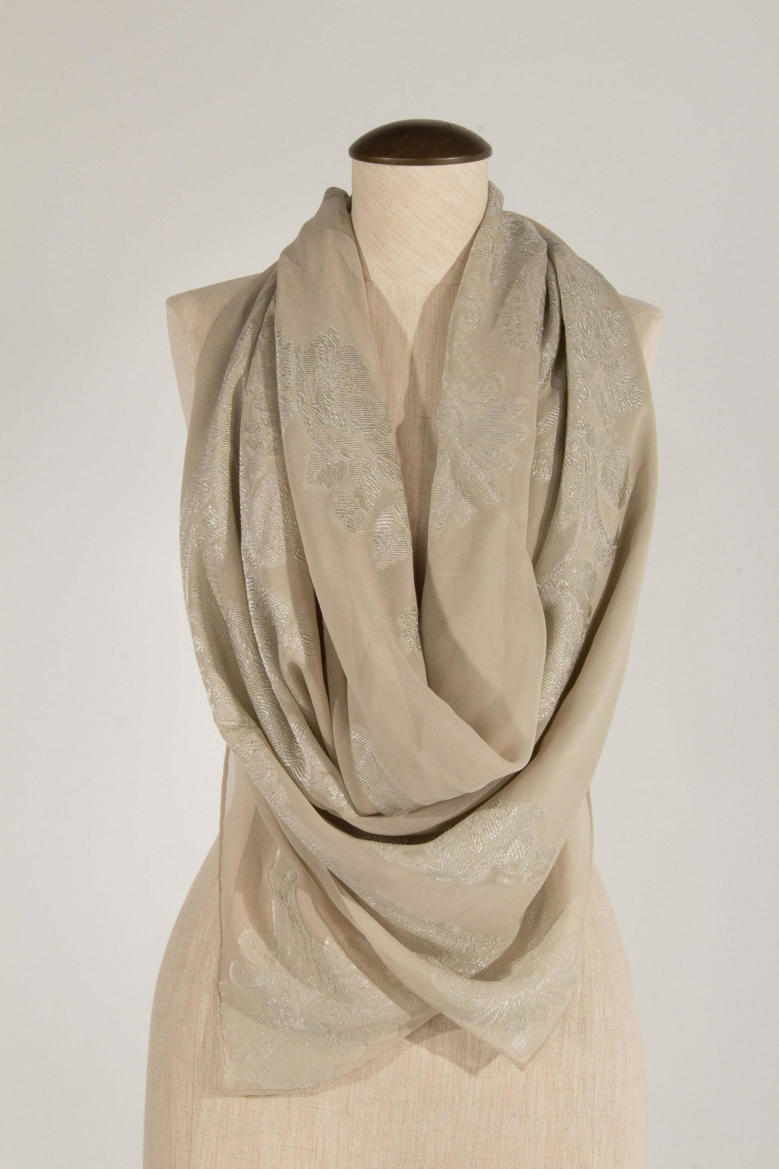 Loro Piana Silk Gossamer Pale Shitake Scarf: Loro Piana Silk Gossamer Pale Shitake Scarf Size: H 53" x W 50"