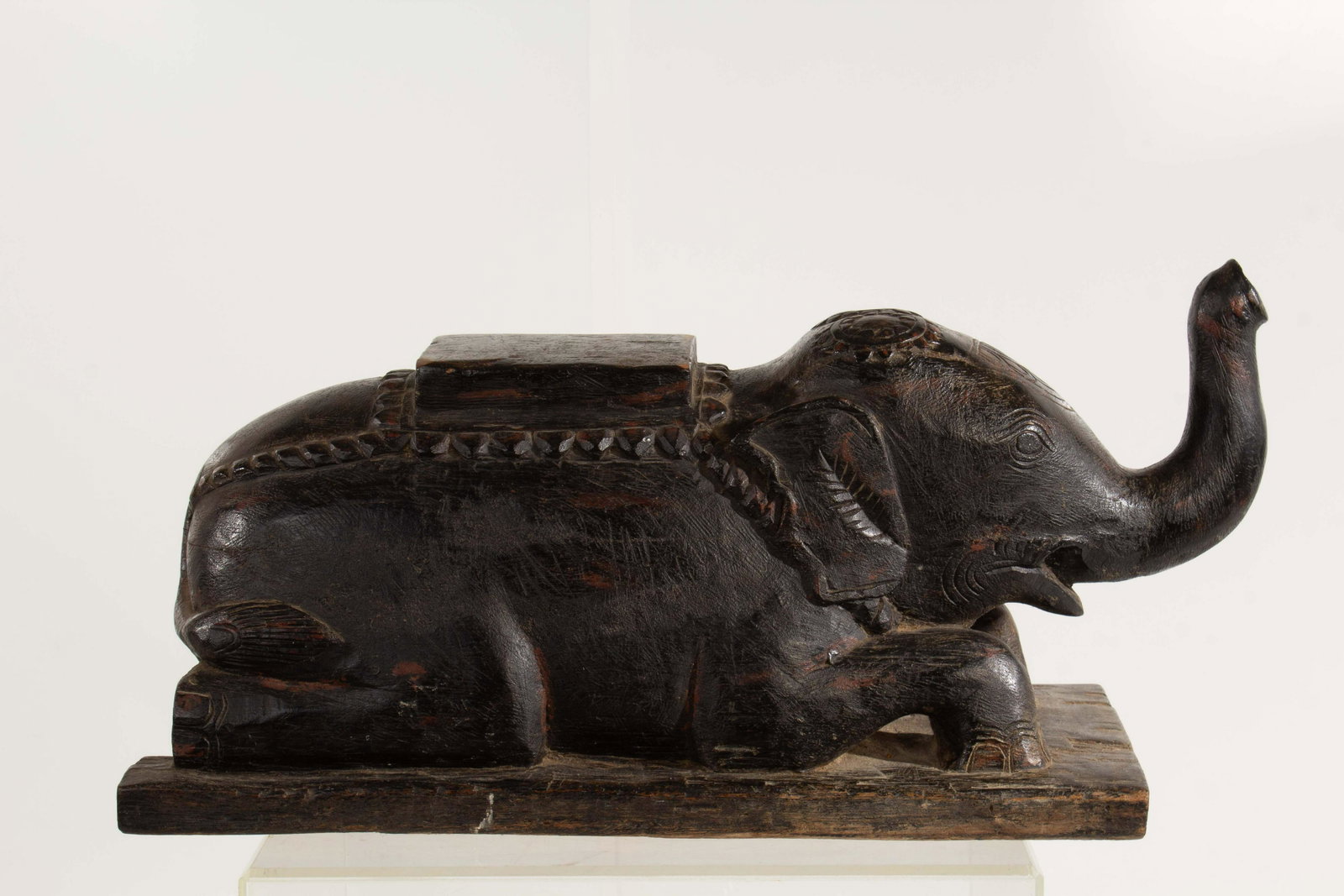 Carved Hardwood Indian Elephant Sculpture: Carved Hardwood Indian Elephant Sculpture Base: 24"W x 11.5"D; Overall 27"; Pedestal 6.5"x6"