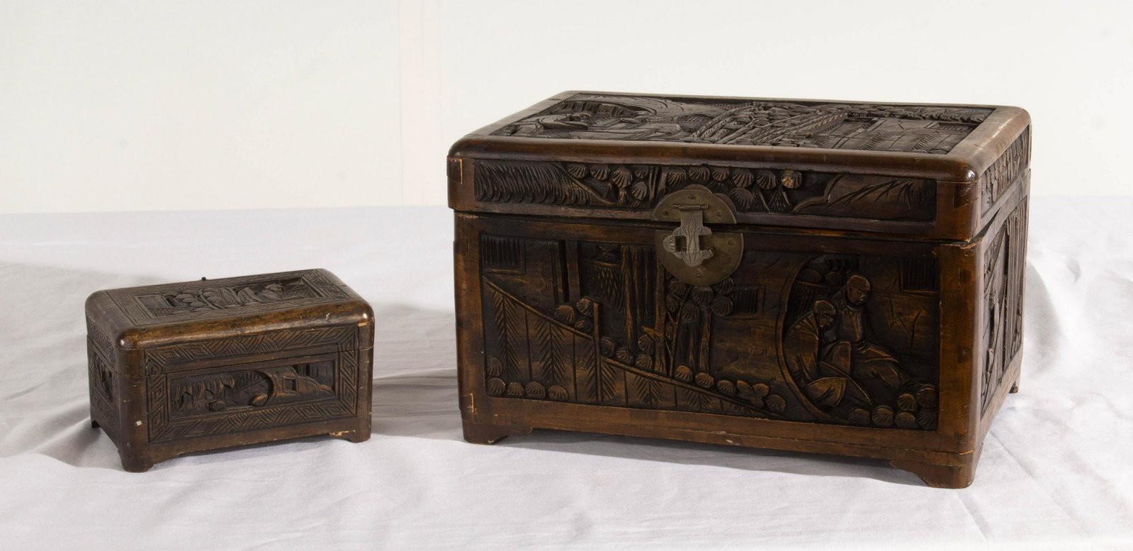 Camphor Wood Boxes Carved Chinese Lot of 2: Camphor Wood Boxes Carved Chinese Lot of 2