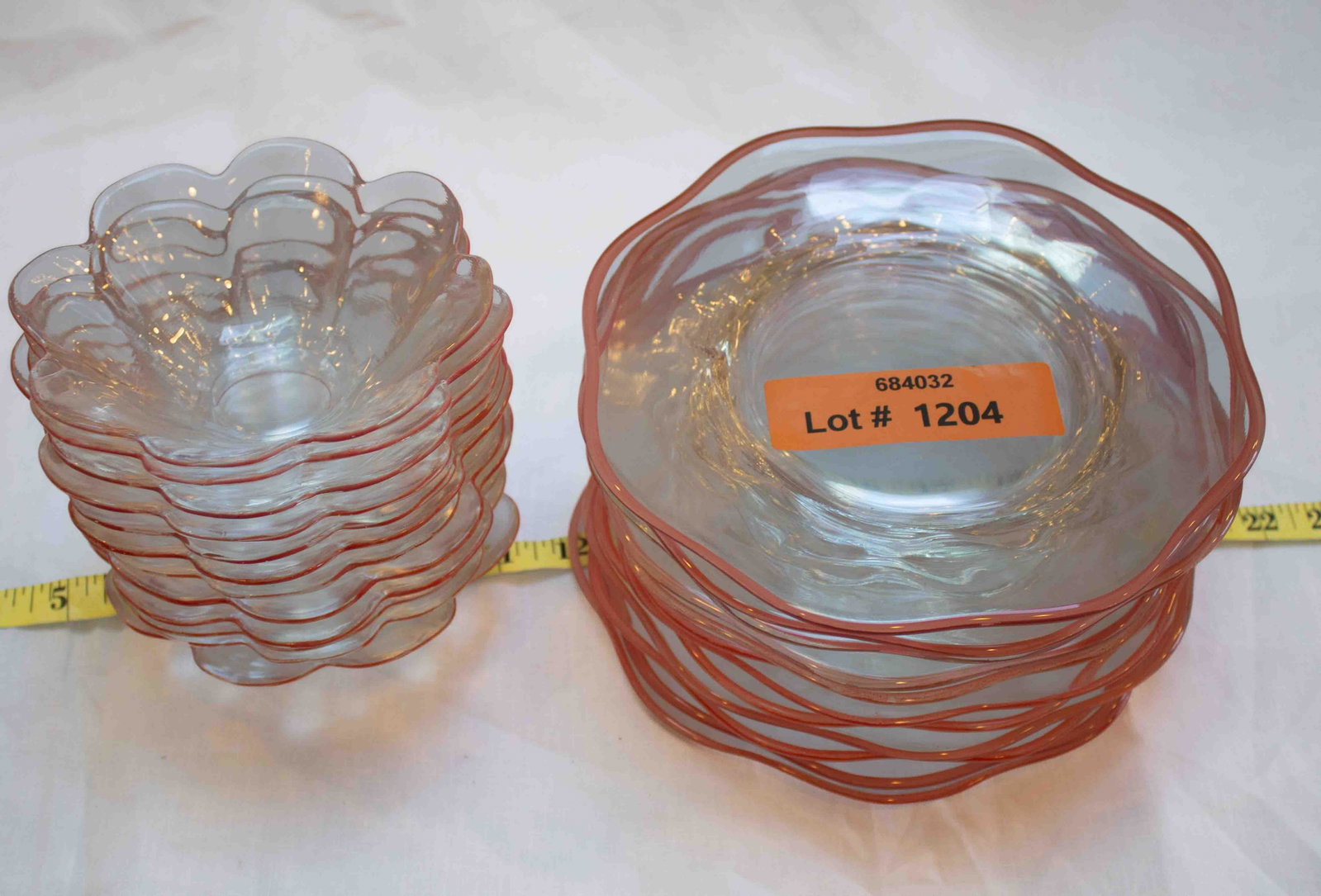 Vintage Pink Edge Glass Fruit/Desert Set of 24*: Set of 12 bowls and set of plates