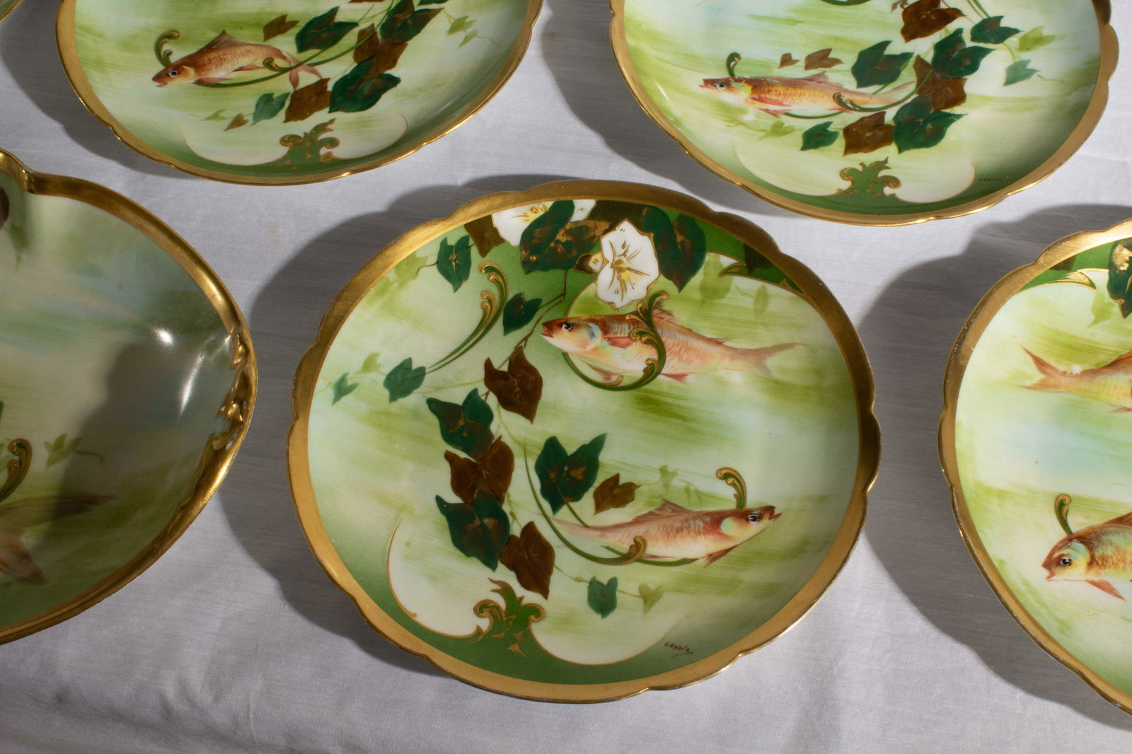 Hand Painted Limoges Fish Platter & 12 Plates by Lenoir (1 of 12)