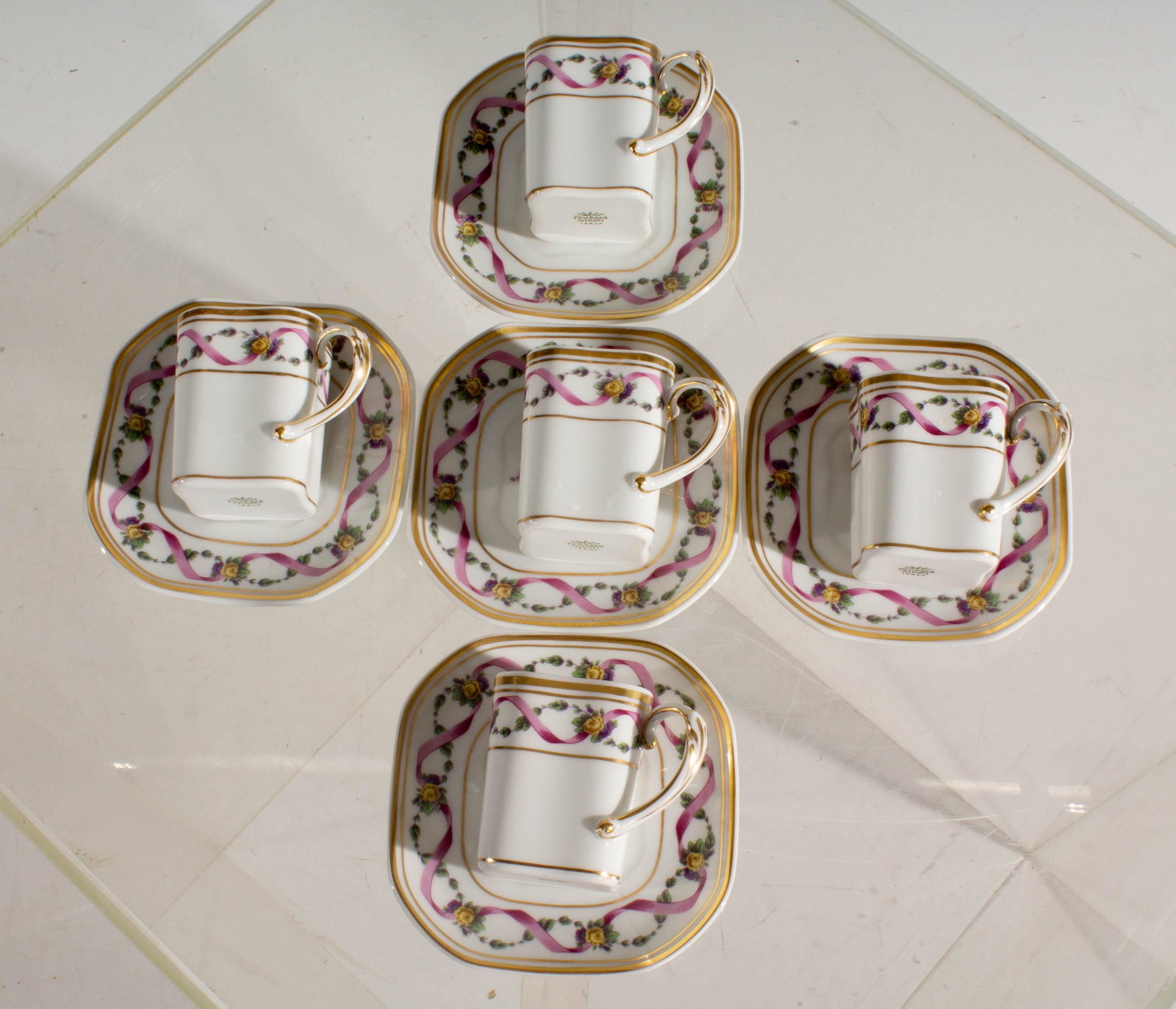 Richard Ginori Porcelain Floral and Ribbon Espresso Set: Set of 5 espresso cups and suacers, w/ extra saucer. Made at Manifattura Di Doccia, Florence Italy