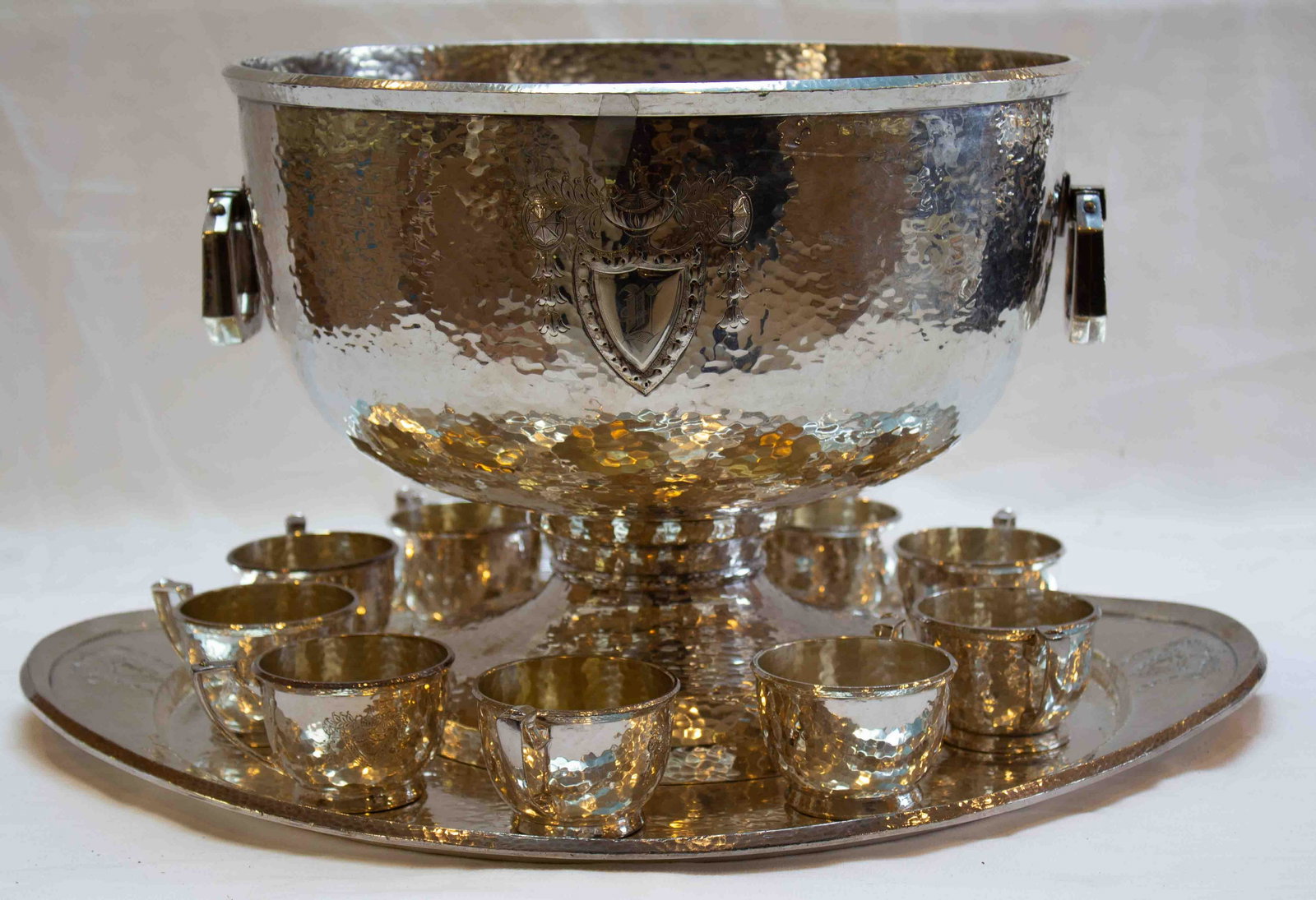 Hearldic Silver Plate Hammered Monogramed Punchbowl: Hearldic Silver Plate Hammered Monogramed Punchbowl