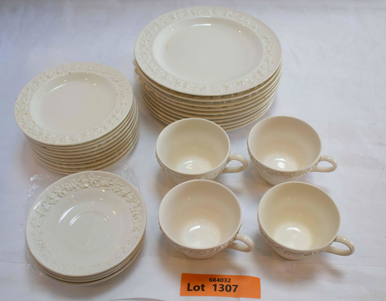 Wedgewood Embossed Queensware 10-8" Salad/Dessert Plates, 10-6" Bread Plates, 4 Cups & Saucers (1 of 7)