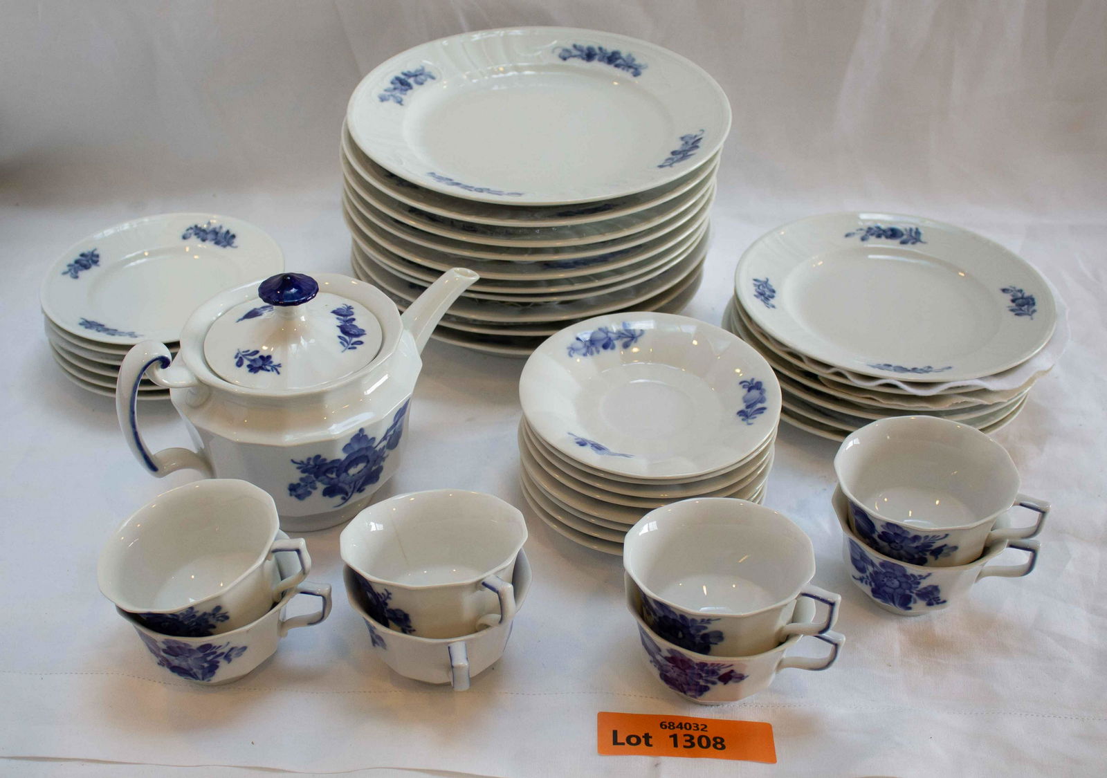 Royal Copenhagen "Juliane Marie Blue": 10-10" Dinner plates, 6-8" Salad/Dessert Plates, 6-6.25" Bread Plates, 1 Tea Pot w/Lid, 8 Cups and Saucers