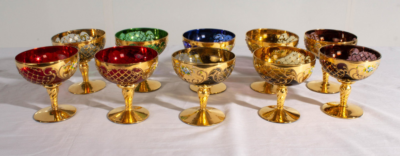 Murano Tre Fiochi 24K Gold & Enamel Chalis/Gobet/Champage Coupe - Set of 10: Murano Tre Fiochi 24K Gold & Enamel Chalis/Gobet/Champage Coupe - Set of 10