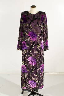 Travilla, Silk Gown w/Velvet Burn Out Motif , Size N/A: Silk Gown w/Velvet Burn Out Motif , Size N/A, Front Neck to Bottom 51", Back Neck to Bottom 52", Chest 16", Waist 36", Shoulder to Shoulder 16", Pit to Pit 19", Pit to Side Bottom 44", Pit to Cuff 17"