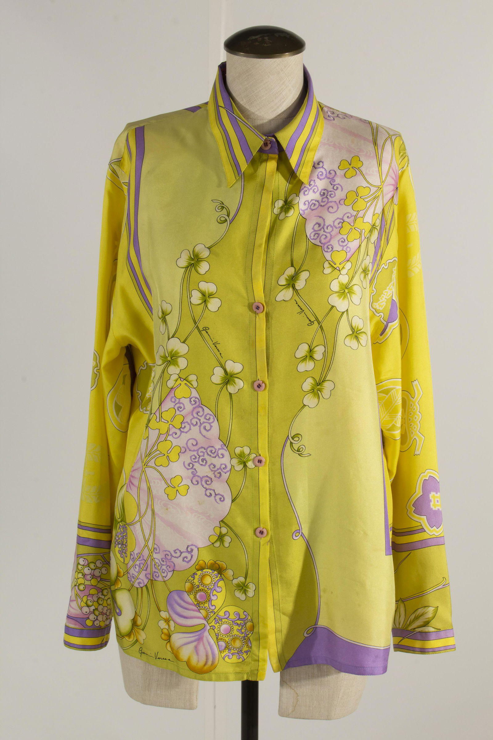 Gianni Versace Couture Silk Blouse Oriental Flowers Green, Size 46 (1 of 10)
