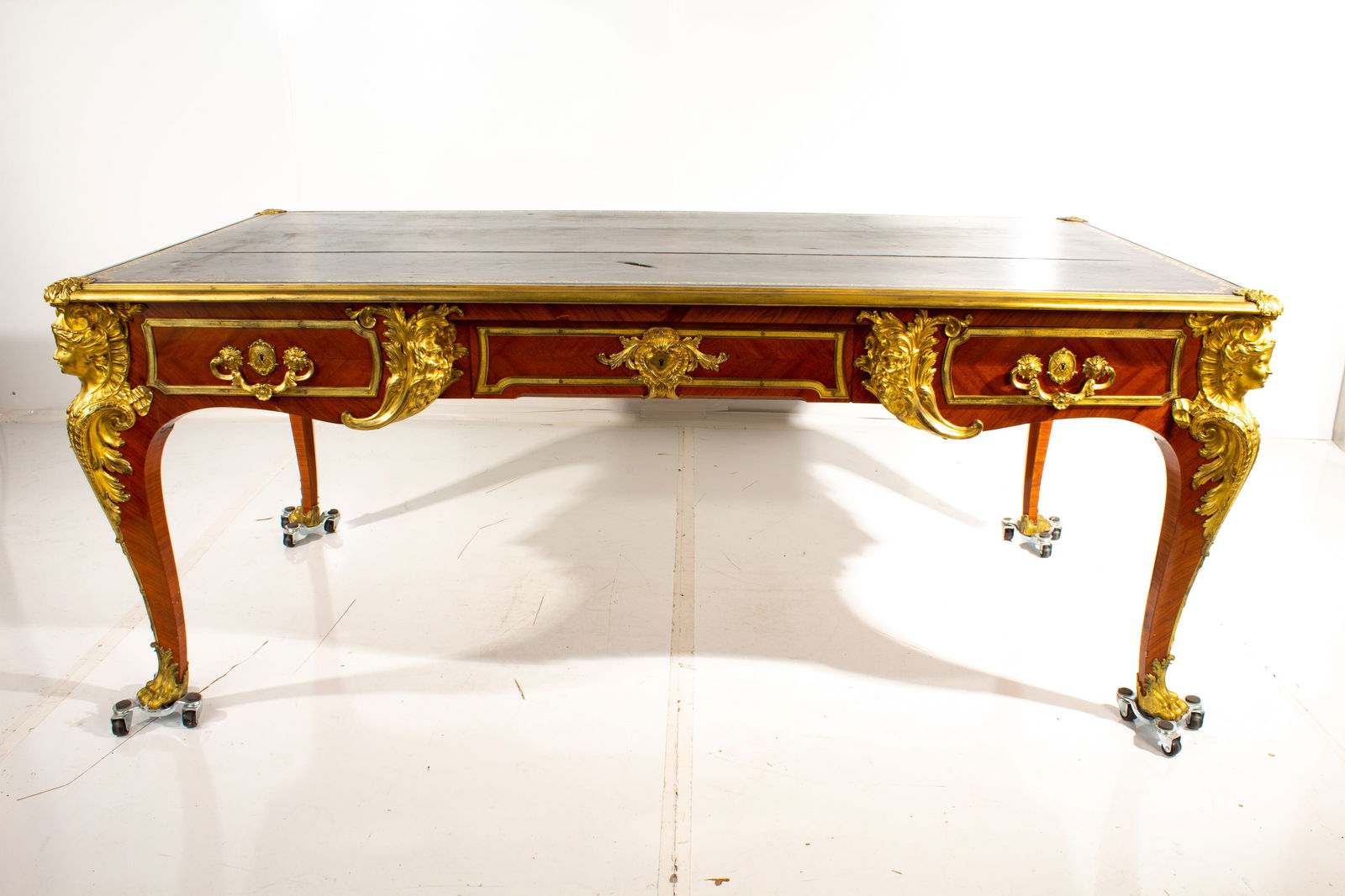 French Black Leather Top Desk with Brass Features Signed H. Nelson (1 of 19)