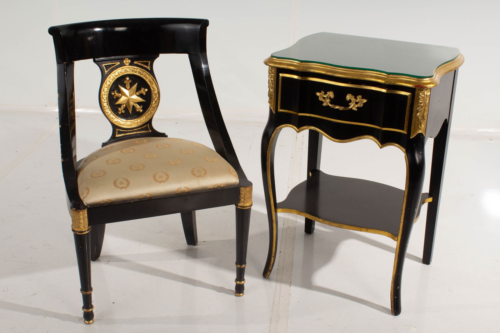 Gilt Chair and Side Table: Paint scratches and worn areas. Small chips to glass top. Chair: 30.5"H 20"W 16"D Seat Height: 16.5" Table: 28.5"H 20"W 16"D