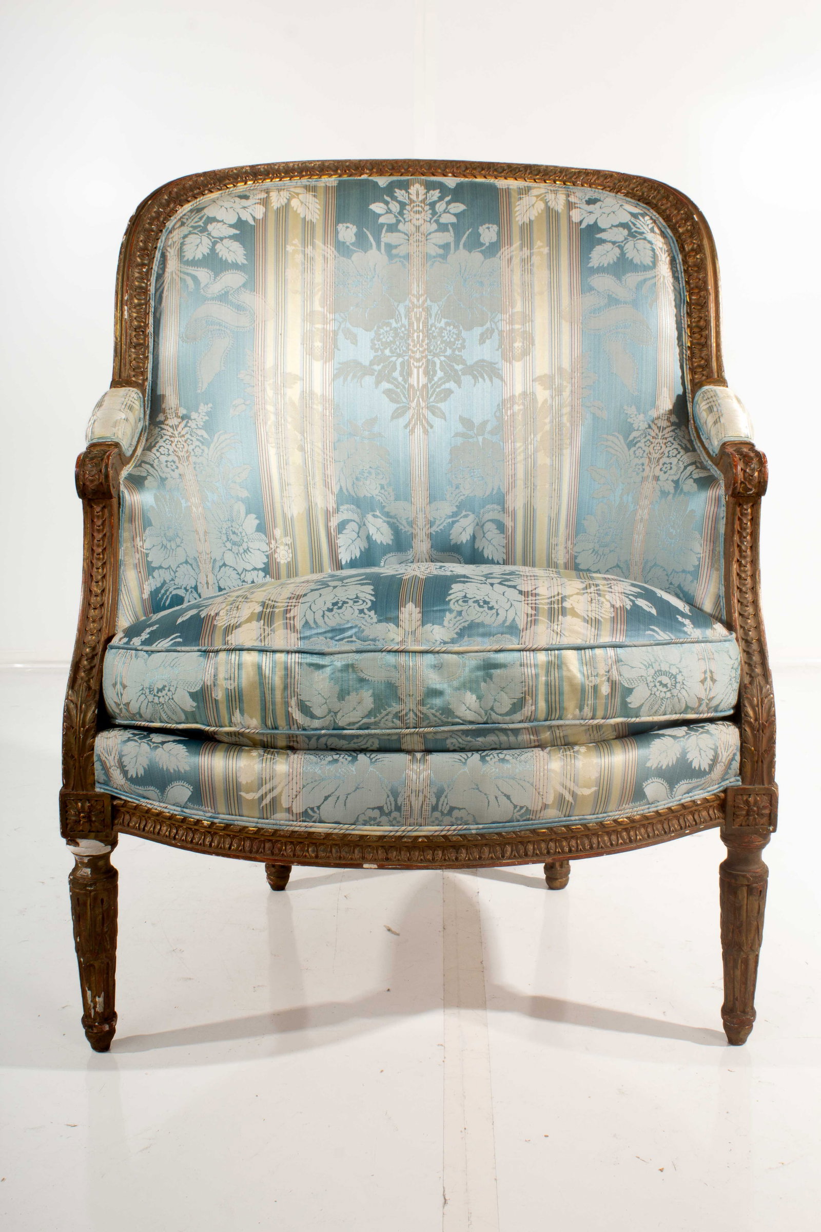 Louis Style Armchair: Silk Upholstery ?; Damaged upholstery on armrests; Painted finish chipped in multiple places; Seat height 19"
