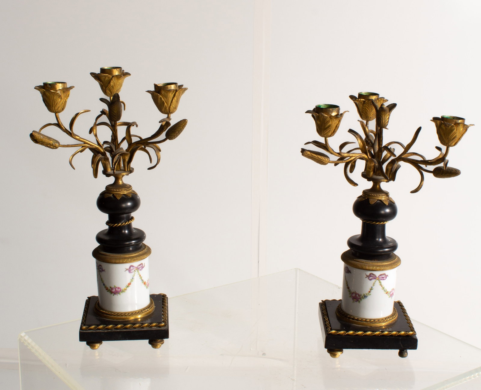 Porcelain & Gilt Candelabras (Pair): Patina and signs of use.
