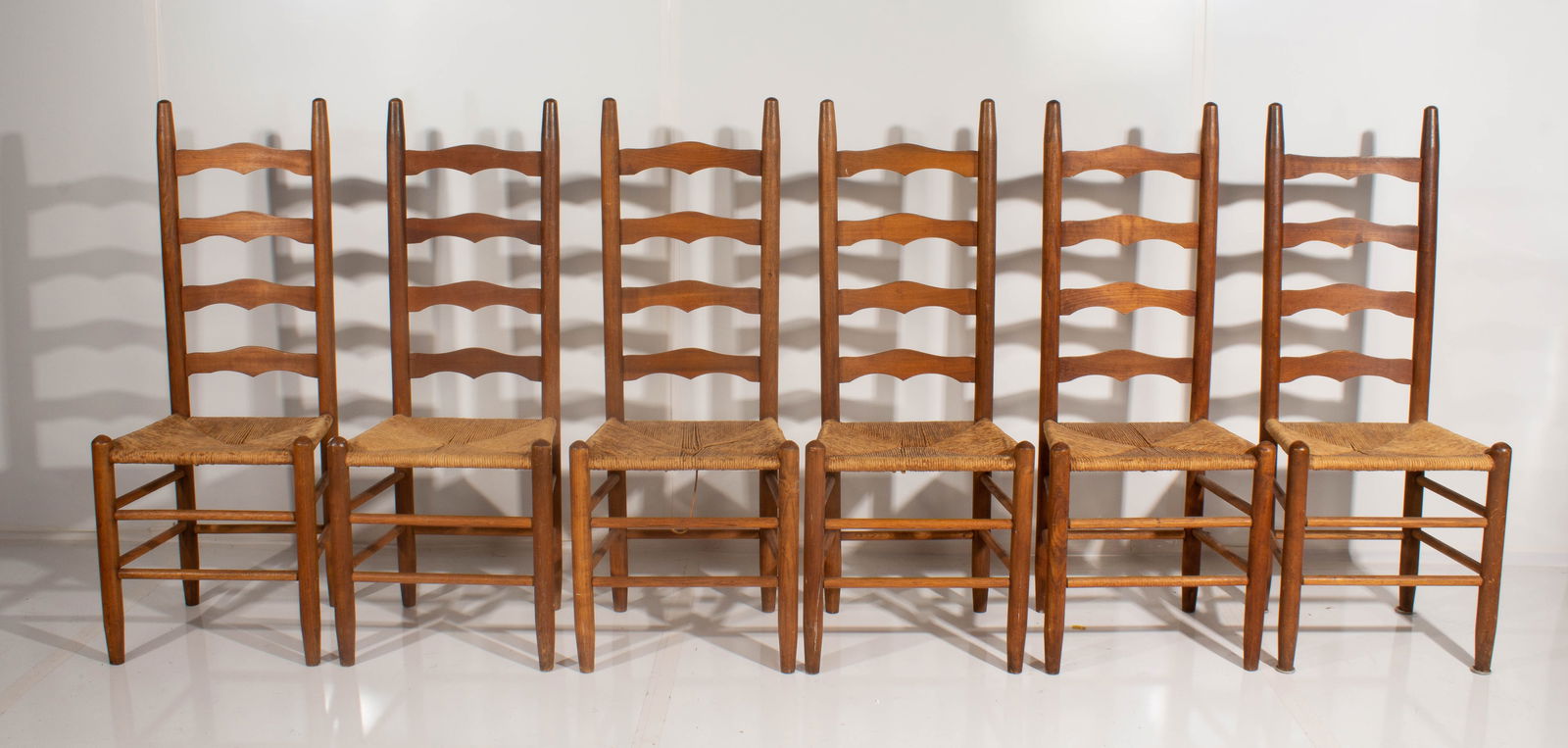 Vintage Woven Rush Seat Rustic Ladder Back Chairs; Set of 6 (1 of 15)