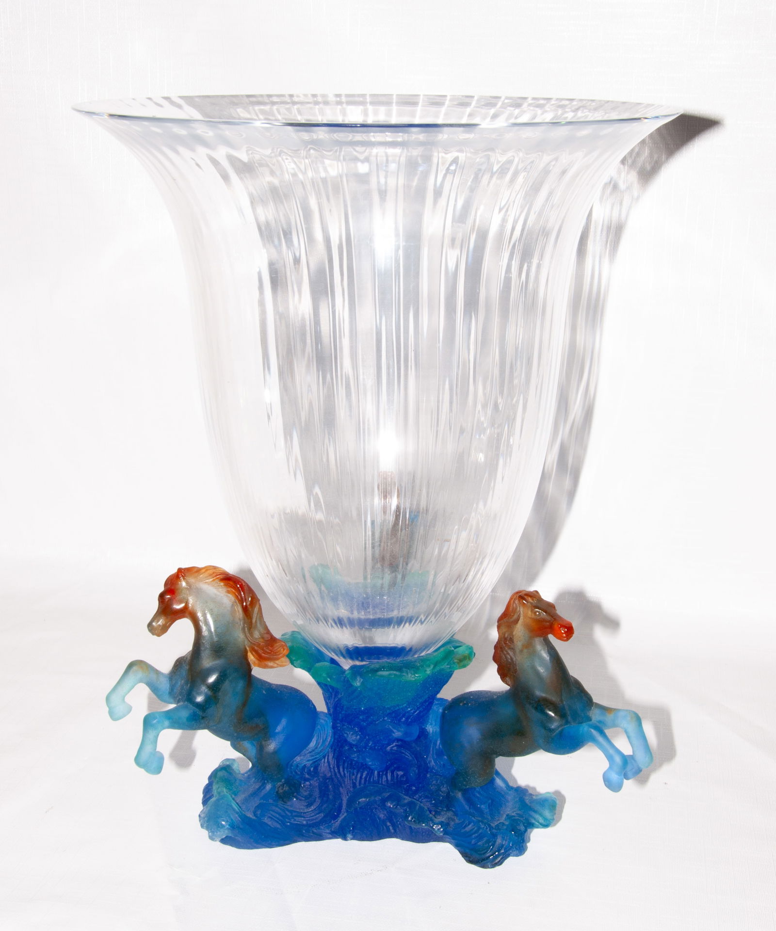 Daum France Blue Crystal & Pate de Verre Style Centerpiece Vase: Daum France Blue Crystal & Pate de Verre Style Centerpiece Vase, 3 horses, unsigned