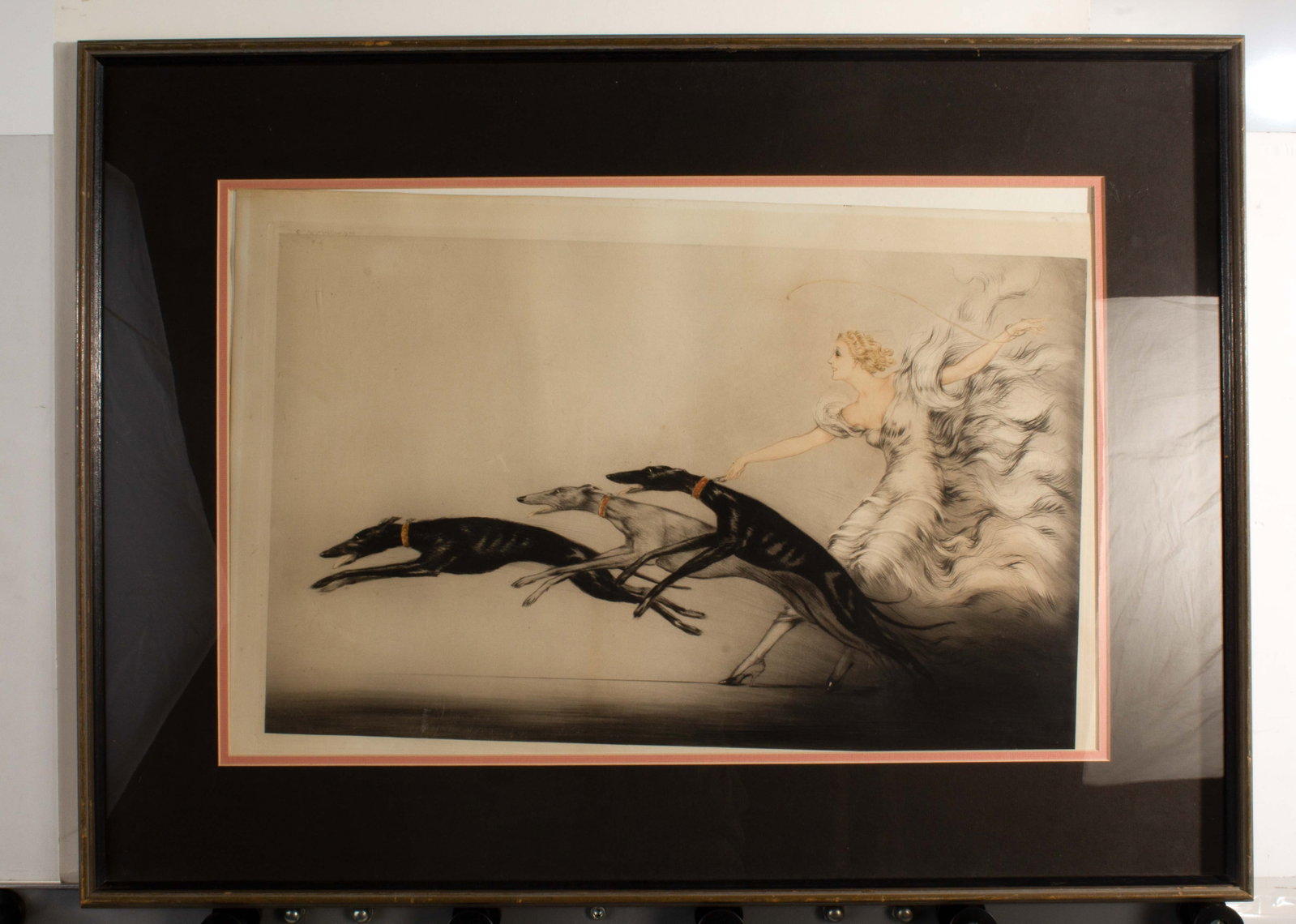 Icart Speed Vitesse Etching: Framed (w/ glass) double matted ---???---Minor wear to frame, Image slipped from matting