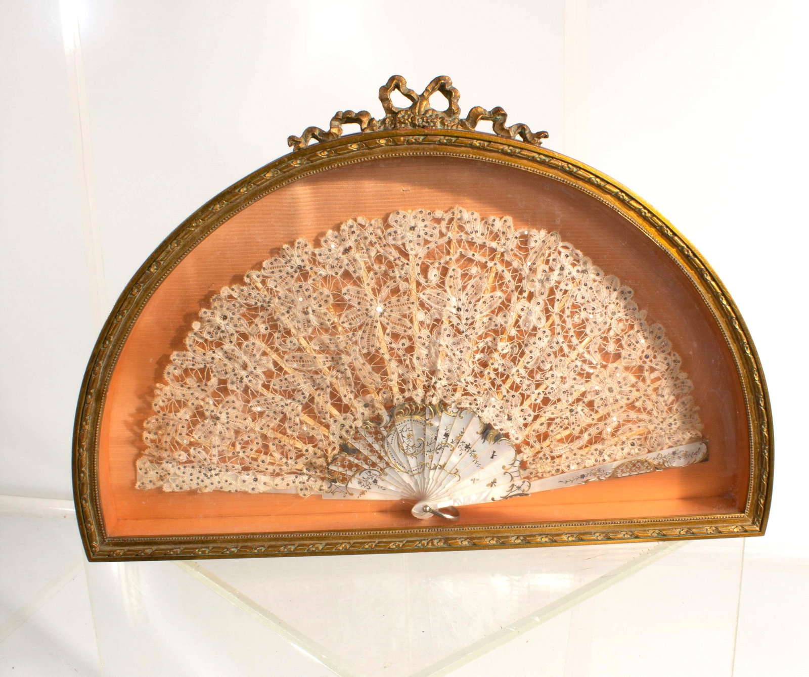 Mother of Pearl Fan With Lace And Sequins In Demilune Gilt Style Frame: Mother of Pearl Fan With Lace And Sequens In Demilune Gilt Style Frame