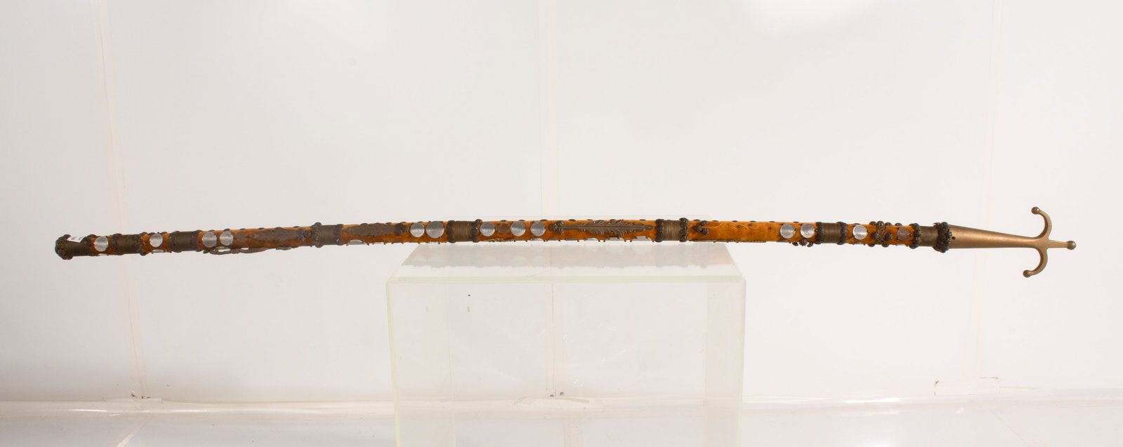 Gondola Staff with Velvet Wrapped Handle and nailed Coins: 61 Italian coins nailed to staff, wire wrap. Umber velvet color.