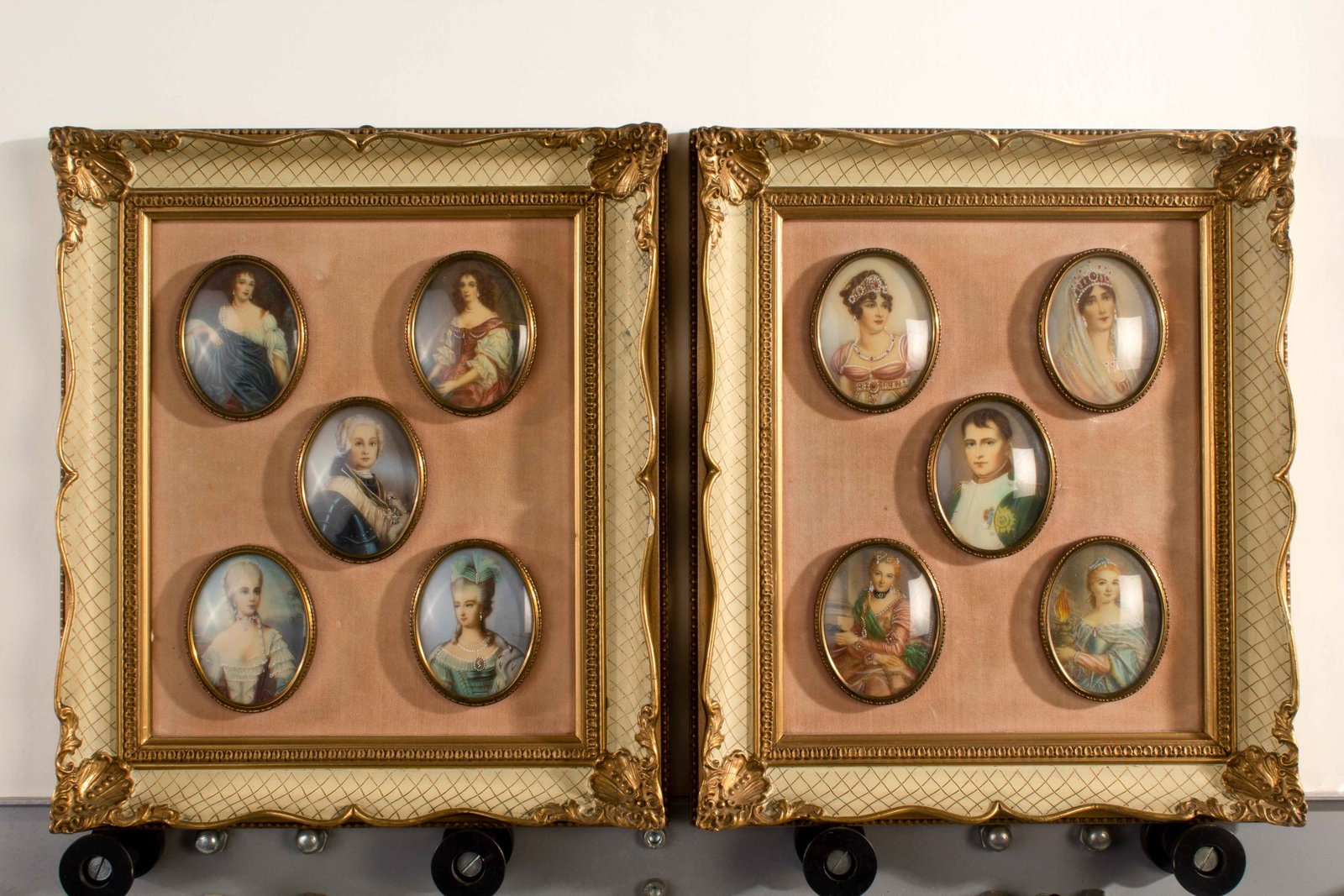 Pair of Individually Framed Collections of Painted Portraits: Arranged and framed painted portraits individually framed and mounted. Minor wear and discoloration to frame.