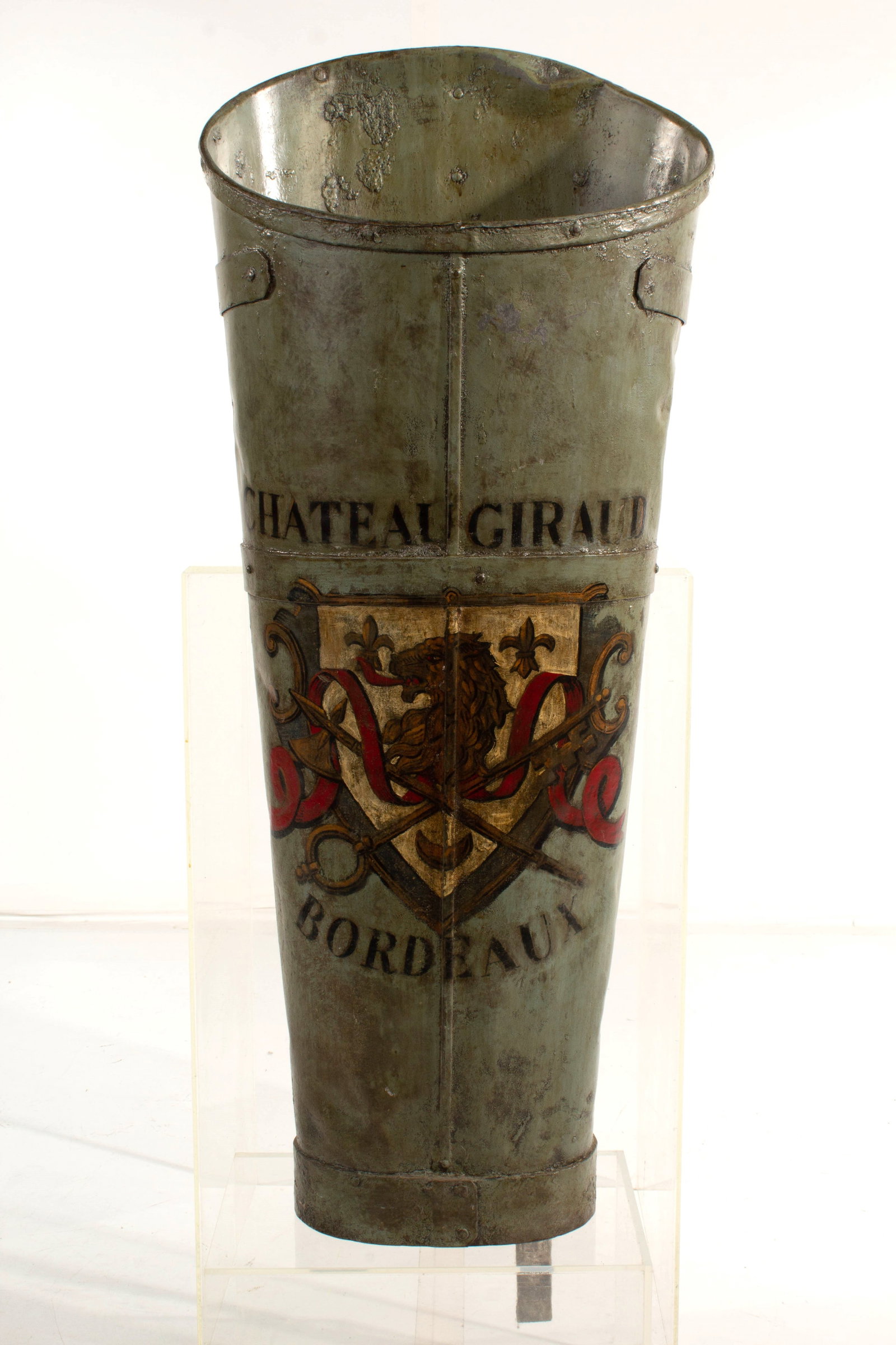 Antique Giraud Bordeaux Crested Grape Hod: Painted metal with leather shoulder straps. Worn paint, dents, and aged straps.