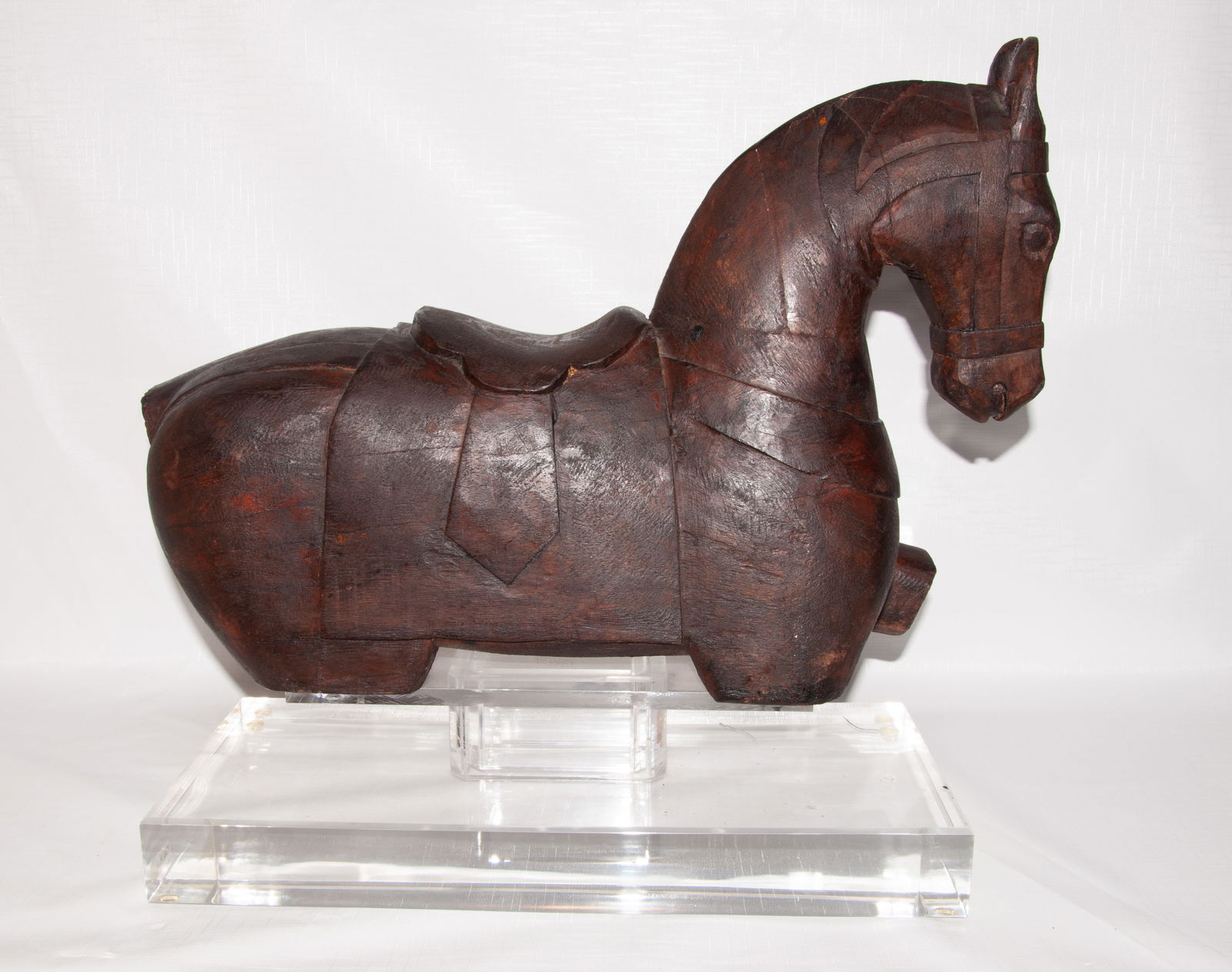 Antique Horse on Lucite Base: Antique Carved Horse on Lucite Base 2 Pcs