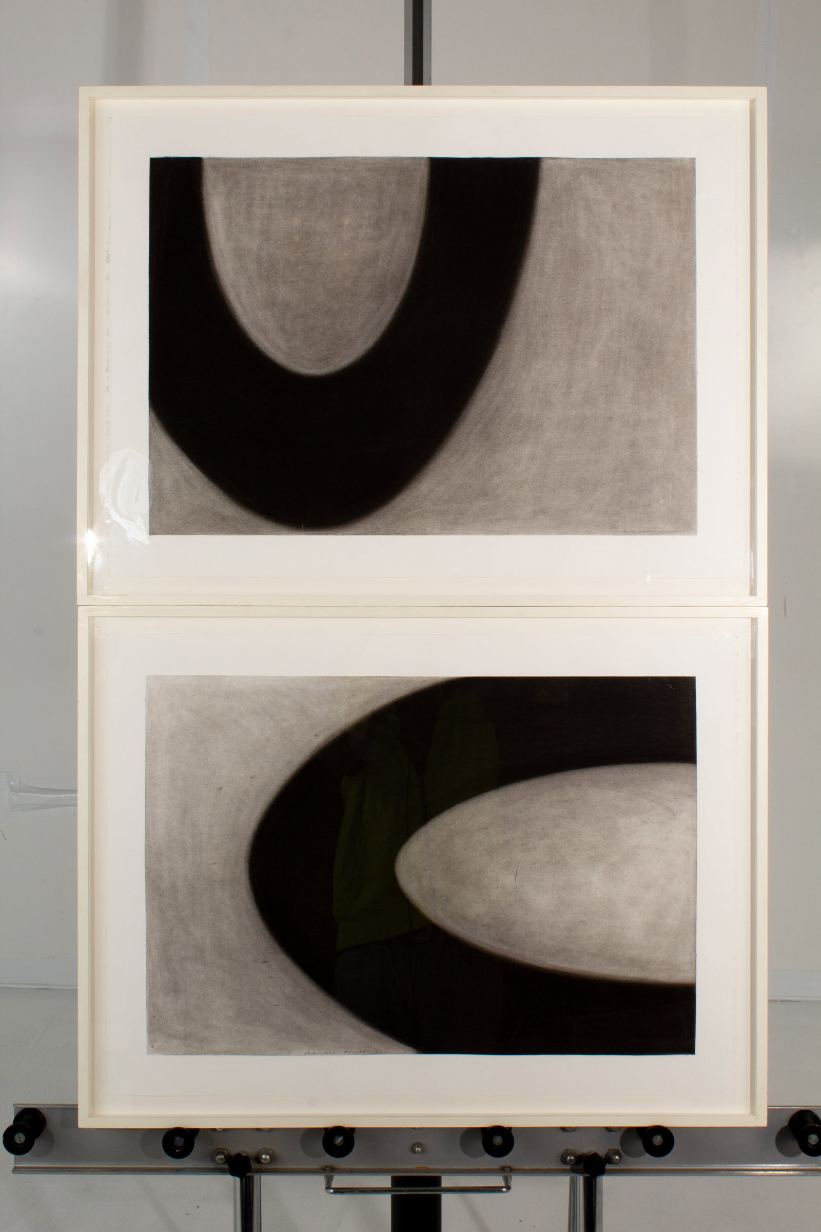Margaret Neill "Swing" & "Sway" Charcoal Drawings: Set of paired charcoal drawings by Margaret Neill, mounted and framed w/ plexiglass.