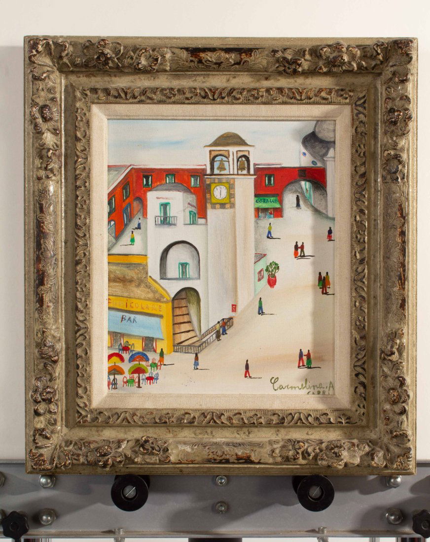 Carmelina A. Capri Oil Painting on Canvas: Ornate framed oil painting on canvas with fabric wrapped mat featuring a clock tower, a plaza full of people and Funicular bar. Signed.