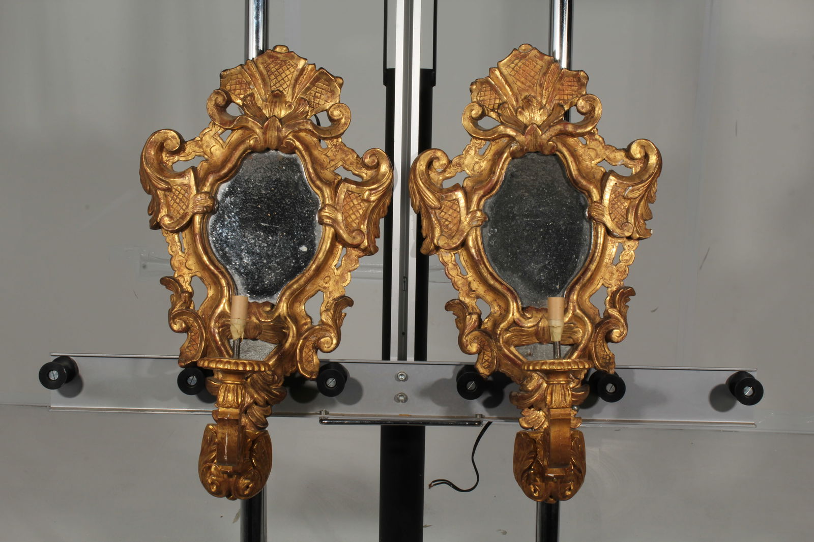 Antique 19th C. Louis XVI Style Giltwood Mirrored Converted Candle Sconces (PAIR) (1 of 10)