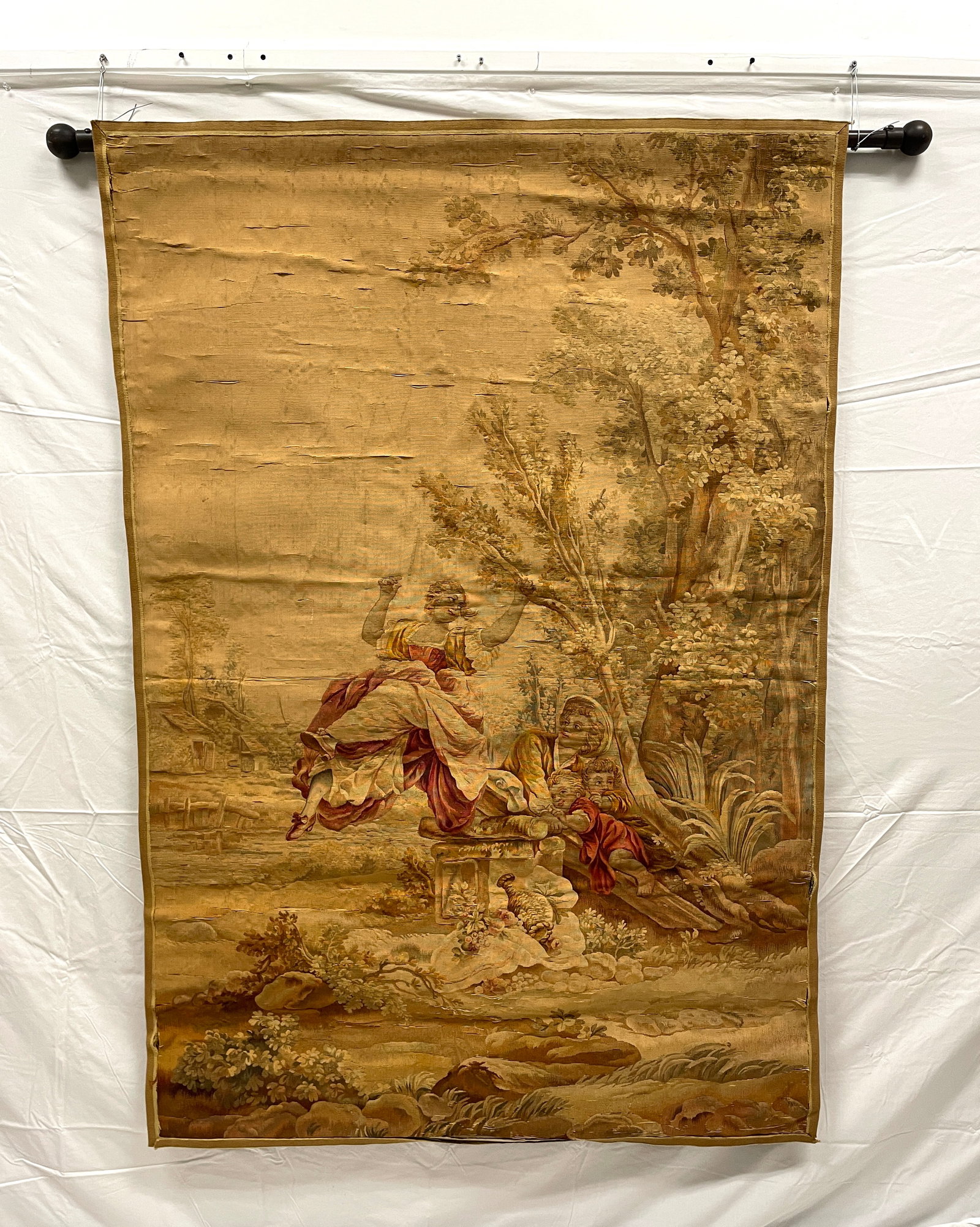Antique Aubusson Pastoral Tapestry - The Swing: We believe this piece to be an antique, c. late 19th or early 20th century, based on it's appearance, which was also the opinion of our third party evaluation, but we do not have it's provenance. The 