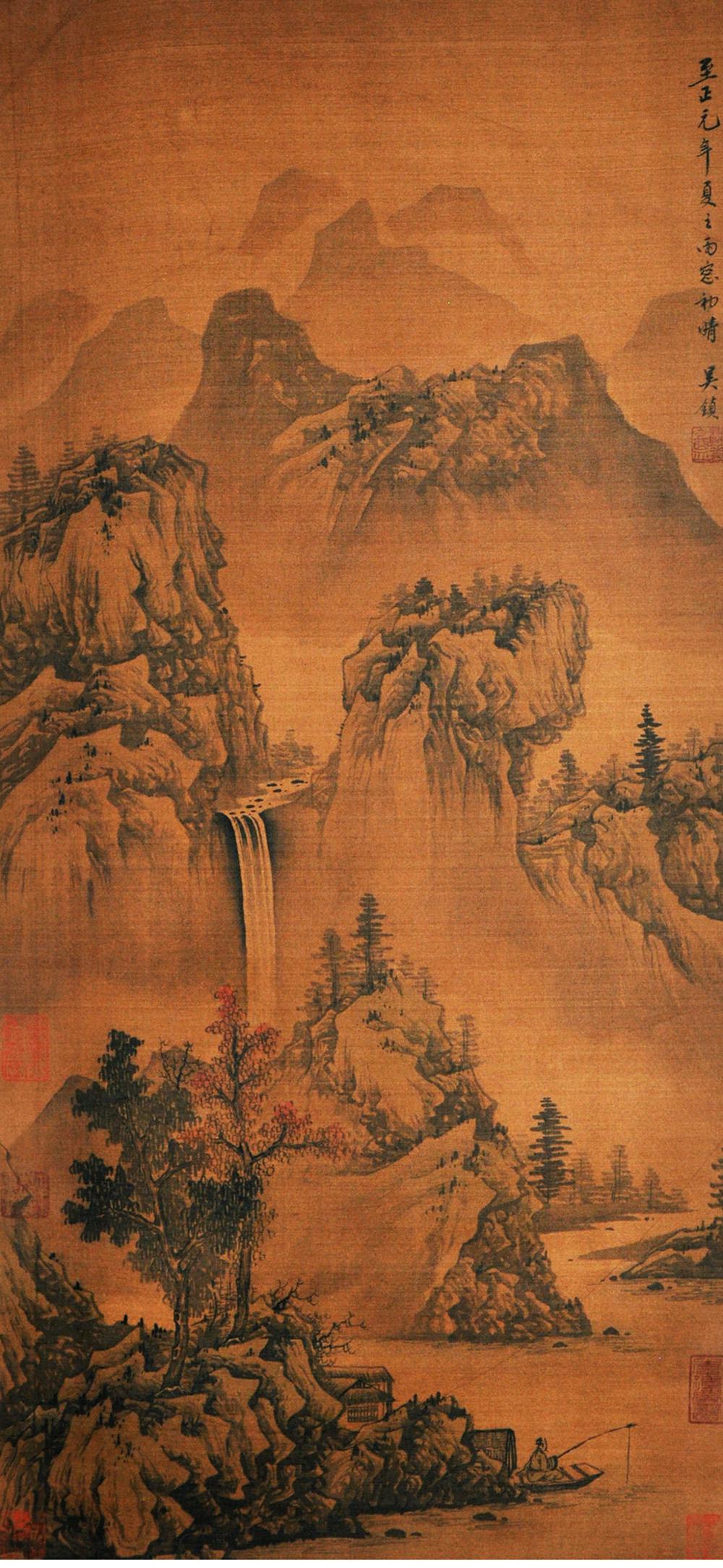 A LANDSCAPE PAINTING  SILK SCROLL WU ZHEN MARK (1 of 4)