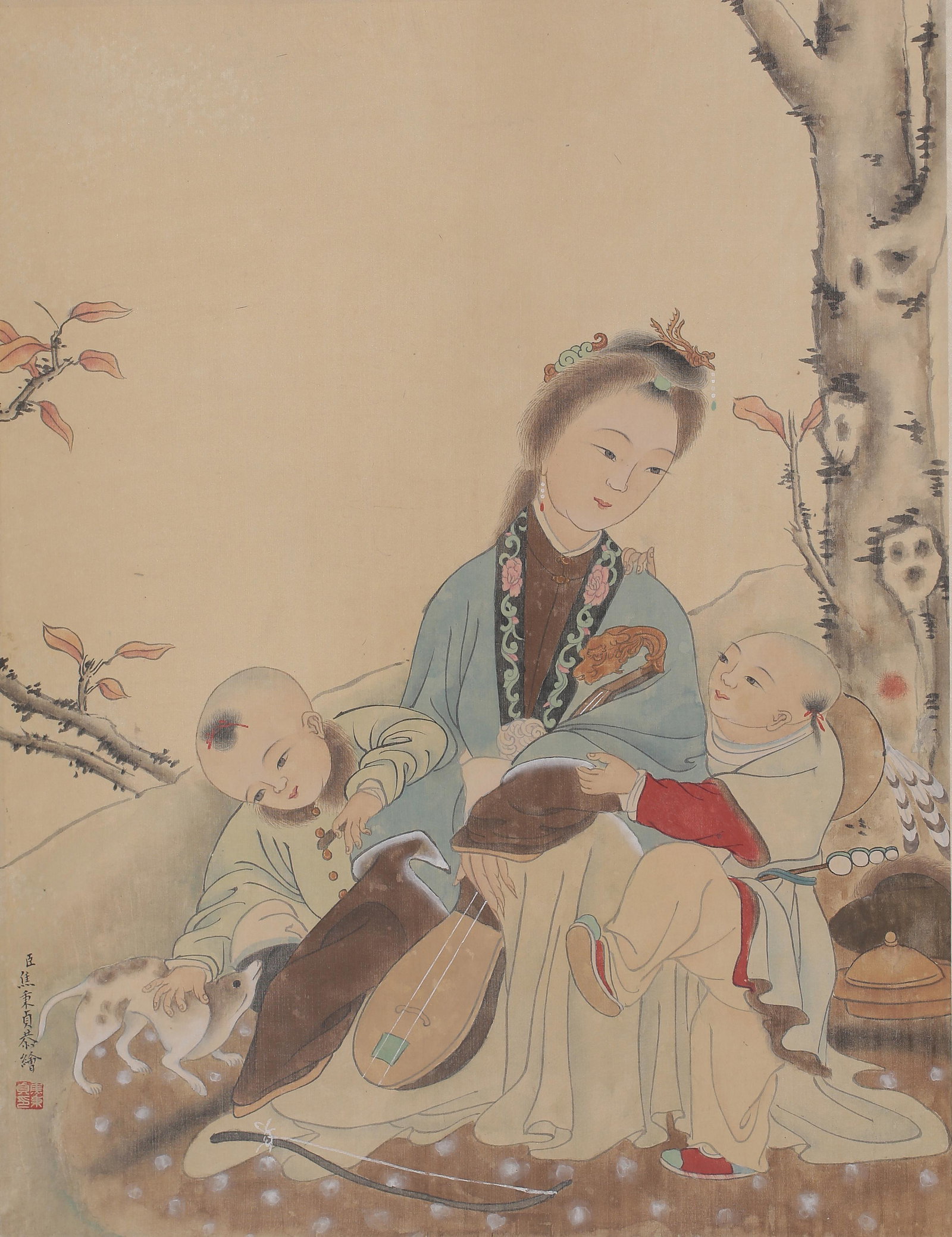 A FIGURE PAINTING  SILK SCROLL JIAO BINGZHEN MARK (1 of 5)
