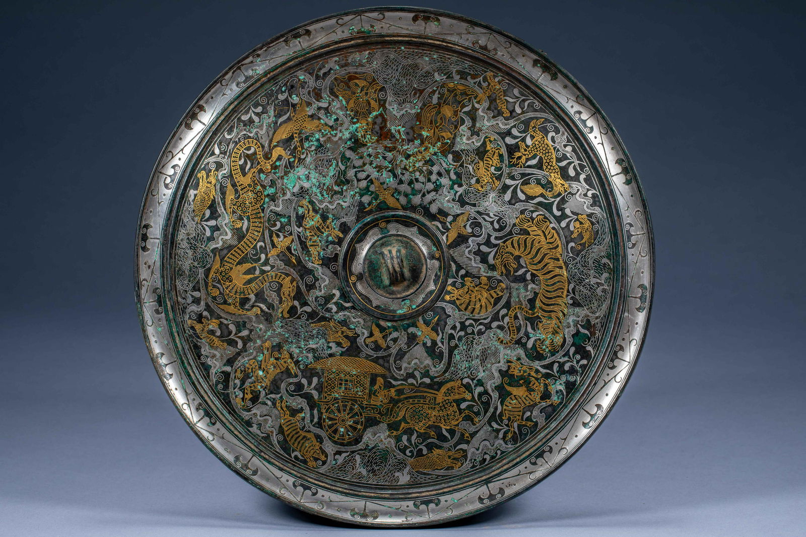 Ancient Chinese Cuo gold and silver beasts, chariots and horses bronze mirror (1 of 8)
