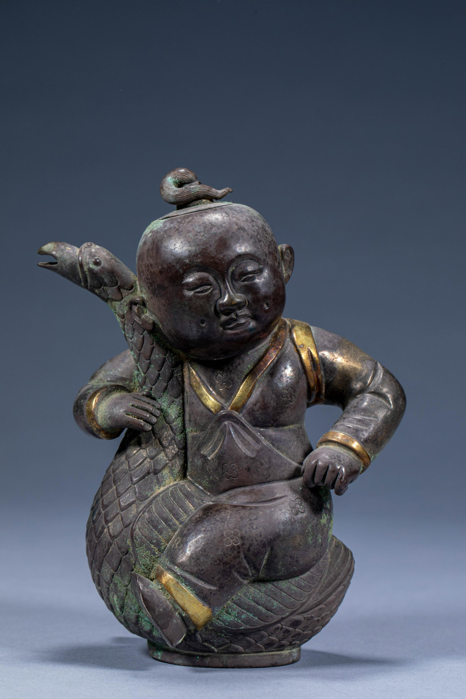 Ancient Chinese silver gilt boy playing goose pot (1 of 8)