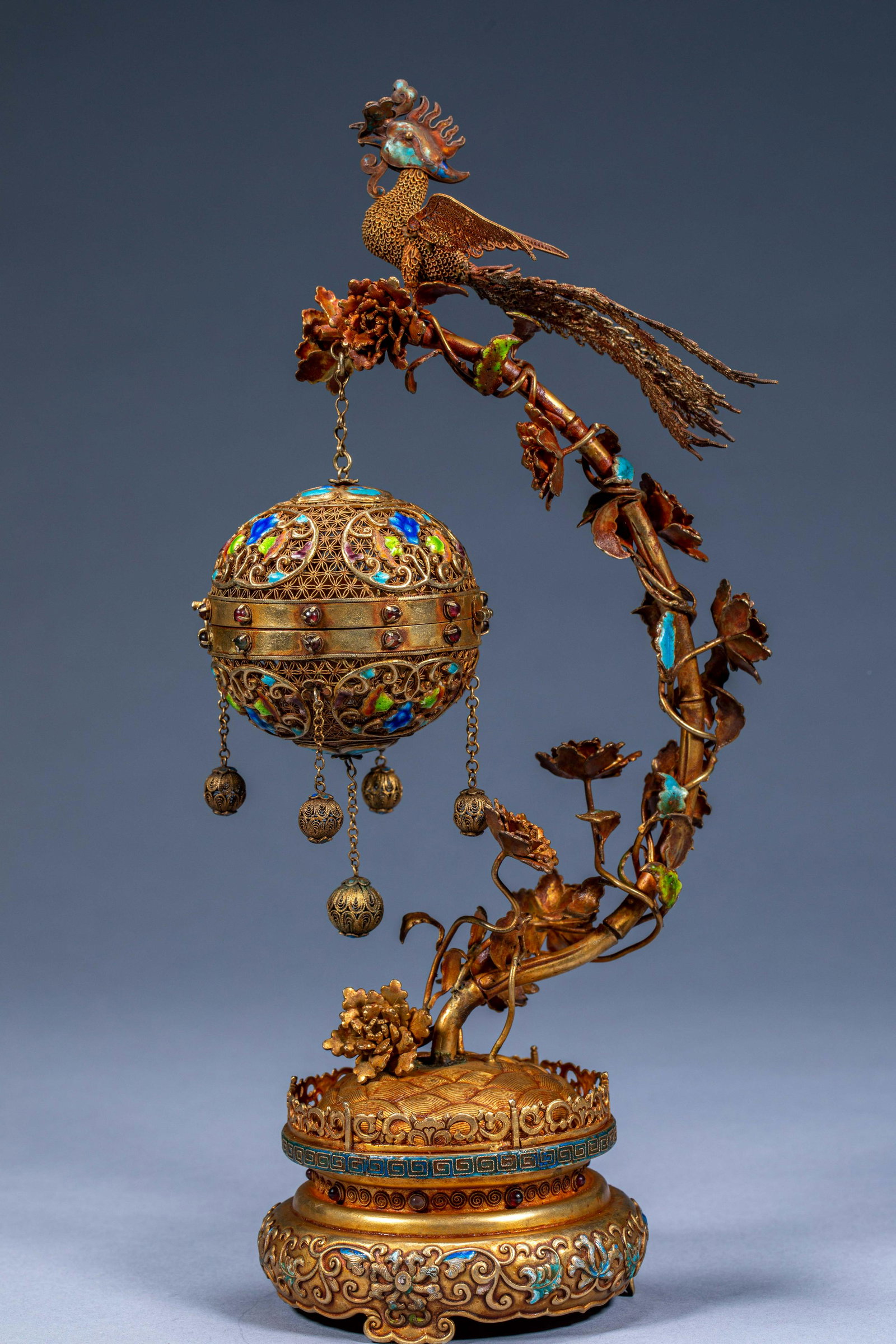 Ancient Chinese silver gilt filigree inlaid gemstones phoenix perching peony hanging fragrance (1 of 8)
