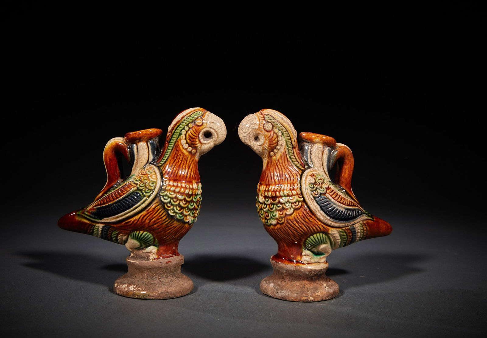 A pair of ancient three colored parrot cups: A pair of ancient three colored parrot cups
