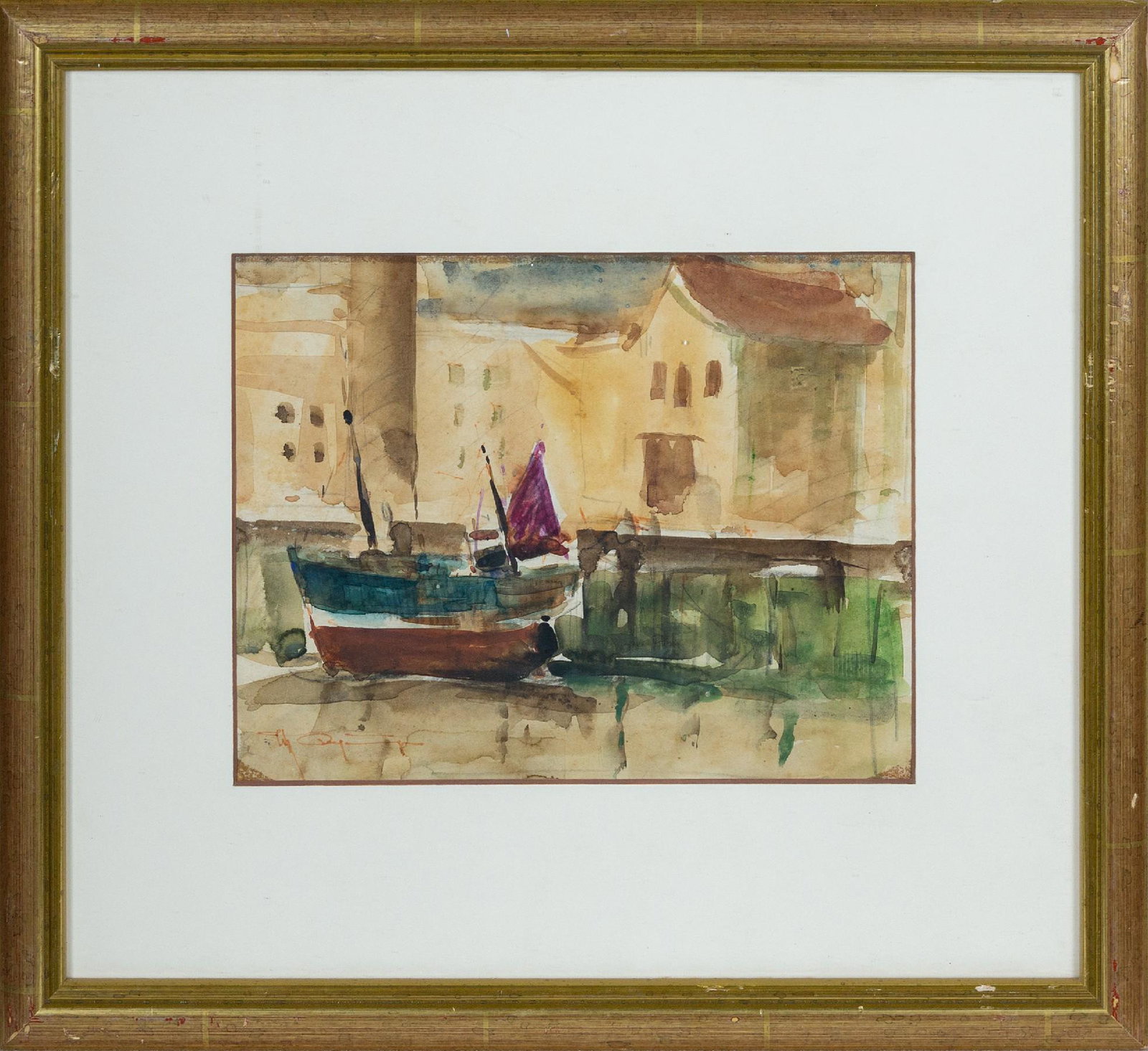 Unclear signature,The boat by the dock,watercolor: The boat by the dock. A boat was docked beside the dock, and he had a purple sail that made some buildings in the distance. signed at lower left, unclear20cm x 15cm. watercolor on paper