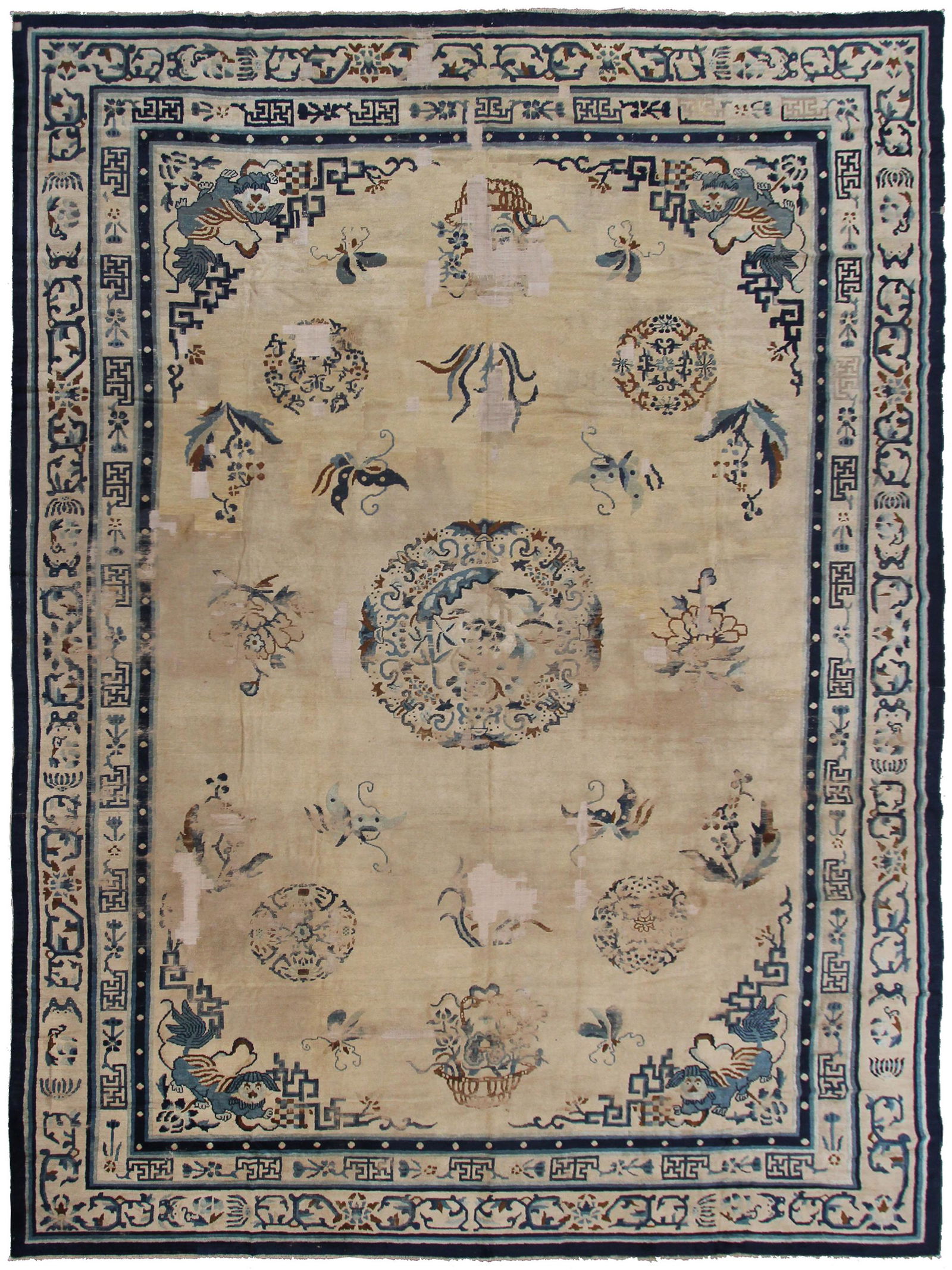 Antique Art Deco Ninghshia Rug Chinese "Guardian Lions" 10'x14' Mid-1800's (1 of 8)