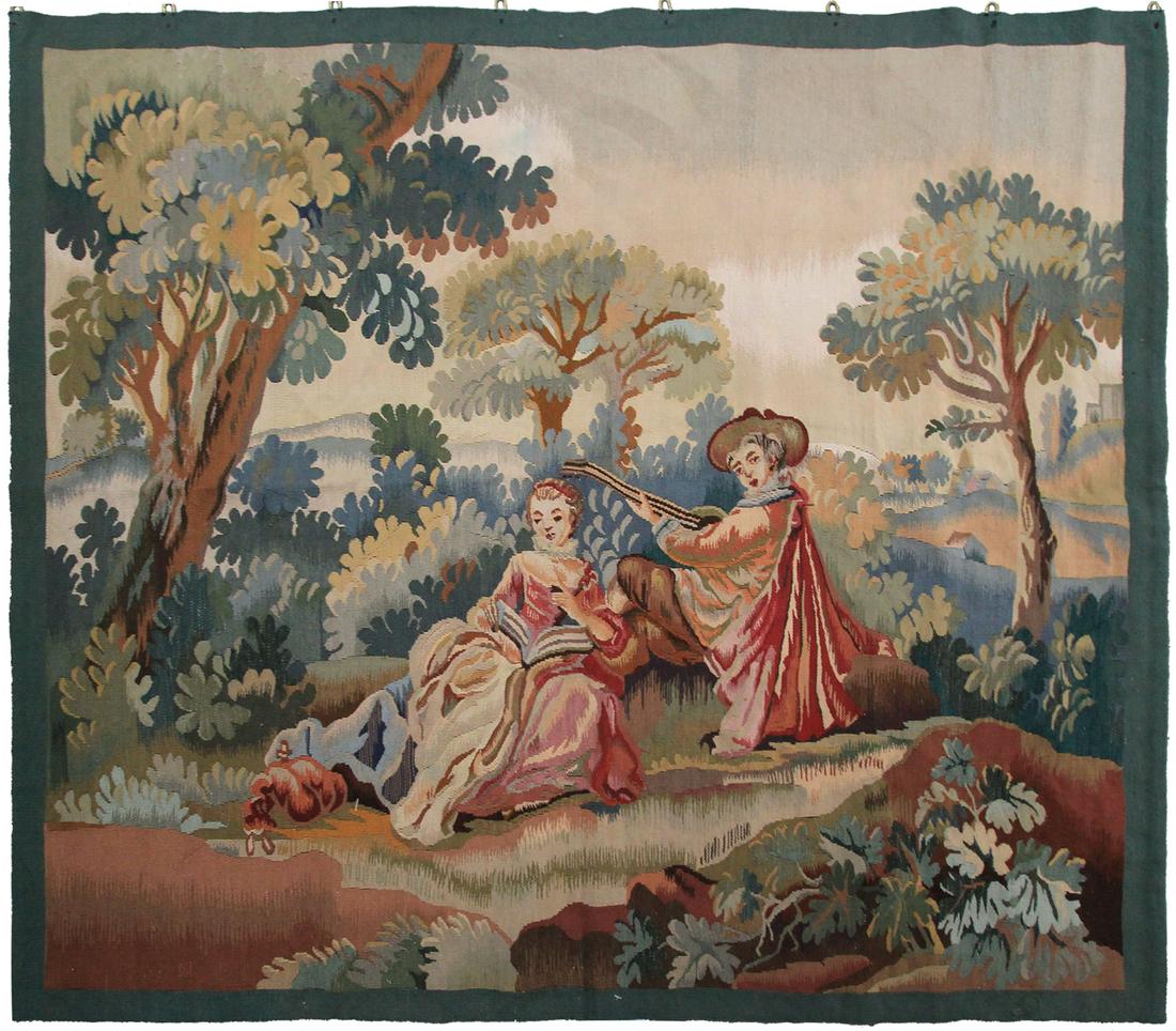 Antique French Aubusson Tapestry Wool & Silk Musical Scene Beige 4'x5' C.1940 (1 of 6)