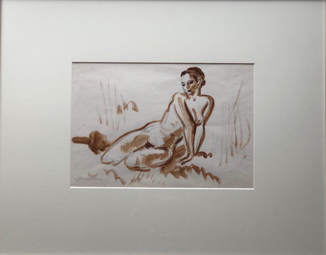 Artistic Mastery of the Nude by James Herbert: Elegant nude. Sepia watercolor by James D. Herbert (1896-1970). Dimensions: 11" x 14". Framed & estate stamped. Studied with Robert Henri & Kenneth Miller Hayes at Art Students League in 1920s & later