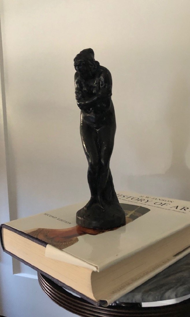 Antonio Cirino sculpture "Prototype of Eve": Wax over plaster sculpture. 10" x 3" x 3". Signed underside of base. Cirino's copy of the sculpture Eve by Jo Davidson, now in the Hartley Art Gallery in Michigan. Label on base notes that Cirino did