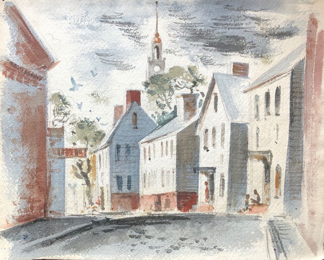 New England Town, 1938 watercolor by Milo Winter (1913-2002) (1 of 3)