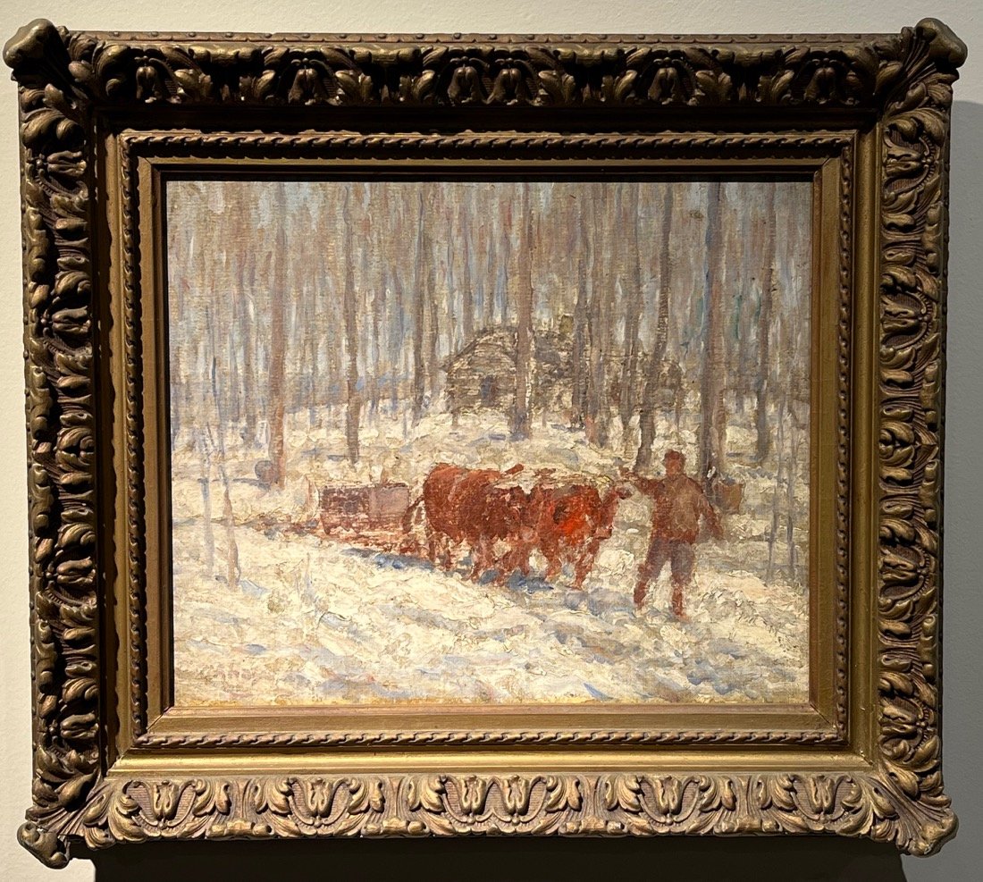 "Gathering Sap": A celebration of rural America by George Hays: "Gathering Sap", 1929. From the Teresa & Thomas Russell collection. Oil on board. Dimensions: 9 1/2" x 11 1/2". Housed in original frame: 15" x 17". George Arthur Hays (1854-1934) was born in New Hamp