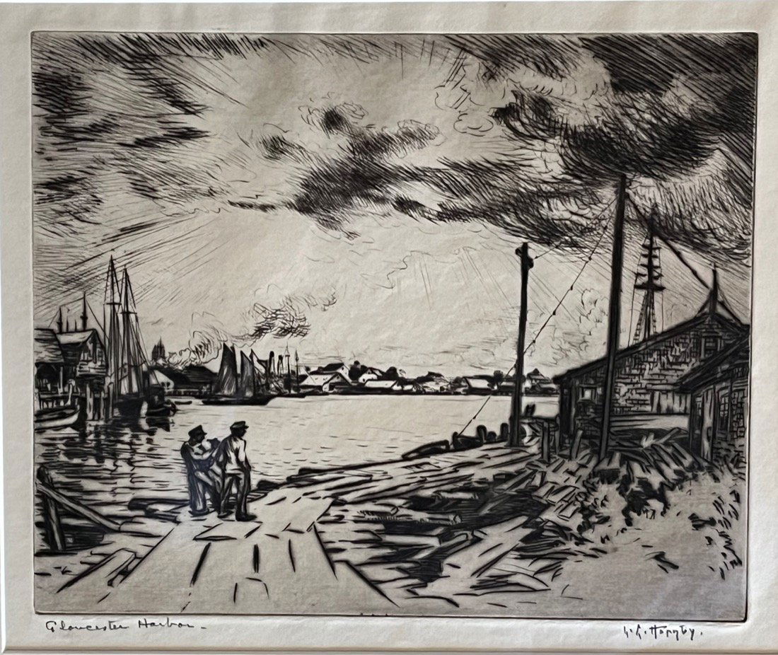 Lester Hornby's etching of "Gloucester Harbor", one of the most important fishing ports in the US. (1 of 6)