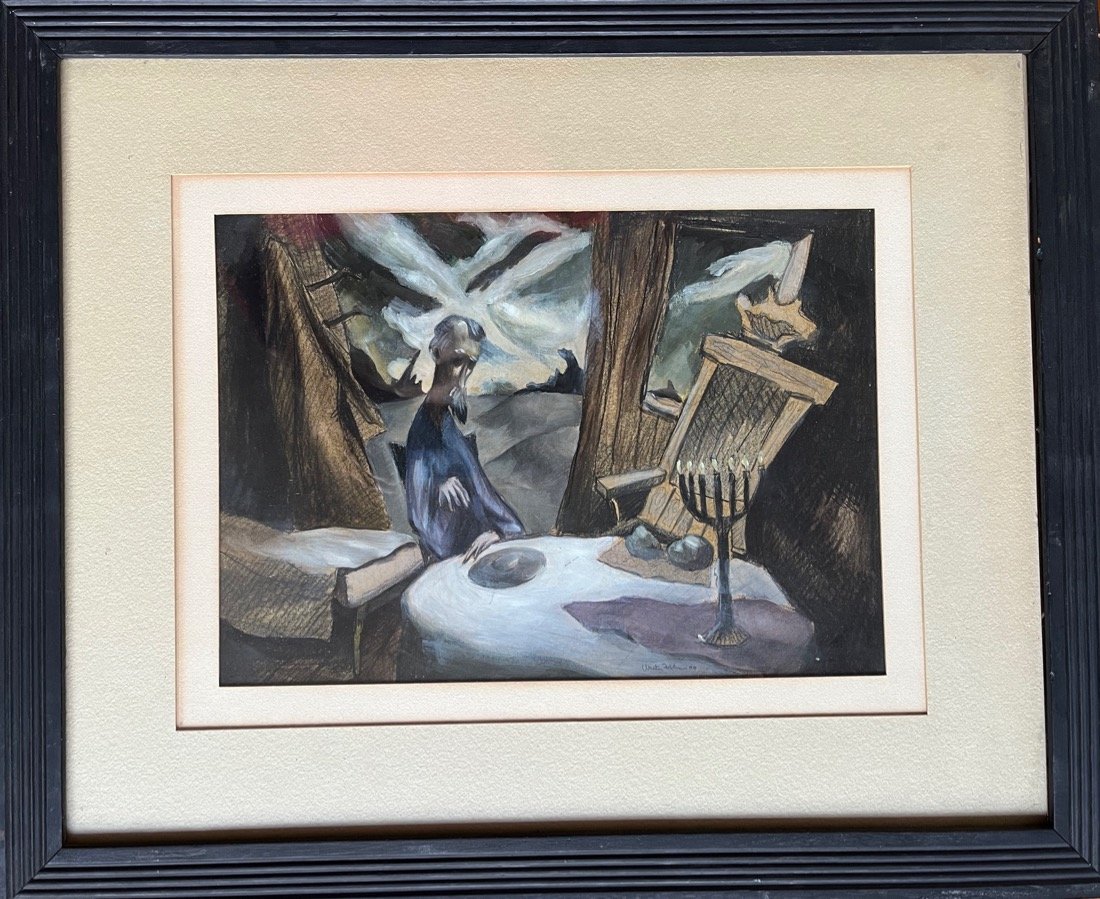 Modernist W.S. Feldman (1925 â€“ 2017), Holocaust memories and reconciliation, 1947: "The Open Door", 1947. Oil on board. SLR & dated. Dimensions: 11" x 14". Housed in original frame, under glass. Feldman, a decorated WWII veteran, returned to Yale in 1947 to continue his art educatio