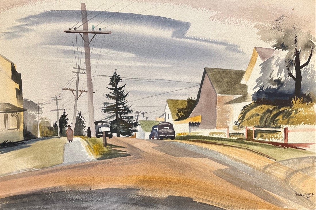 Milo Winter, "Main Street, USA", 1938, exhibited at American Federation: Milo Kendall Winter, Jr. (1913-2002) â€œMain Street” Watercolor on paper by Milo Winter, 1938. Signed and dated, unframed. Verso Title and Date and documentation that this watercolor travele