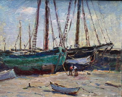 Rockport Boats by Antonio Cirino: Oil on Board. "Sea Veterans", 1920. Signed lower right. Titled and dated verso on label. Dimensions: 13” x 16”. Original Frame - outside dimensions - 16” x 18”.The Rockport